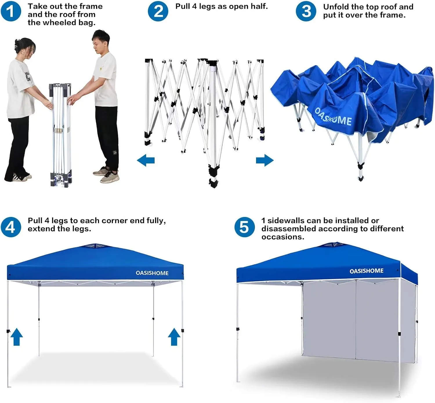 OASISHOME Pop-up Portable Outdoor Canopy Tent 10'x10' Instant Gazebo, with 1 Sidewall, Carry Bag, Stakes, Ropes, for Outdoor/Beach/Patio/Wedding Parties and Commercial Events (10FTx10FT, Blue)