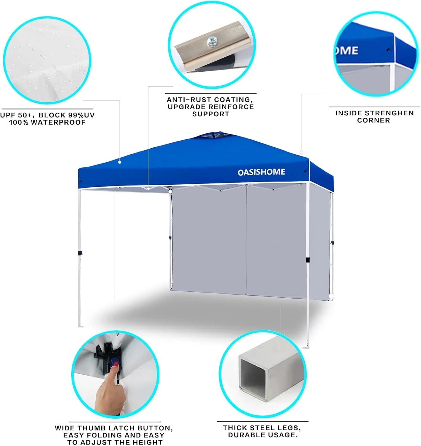 OASISHOME Pop-up Portable Outdoor Canopy Tent 10'x10' Instant Gazebo, with 1 Sidewall, Carry Bag, Stakes, Ropes, for Outdoor/Beach/Patio/Wedding Parties and Commercial Events (10FTx10FT, Blue)
