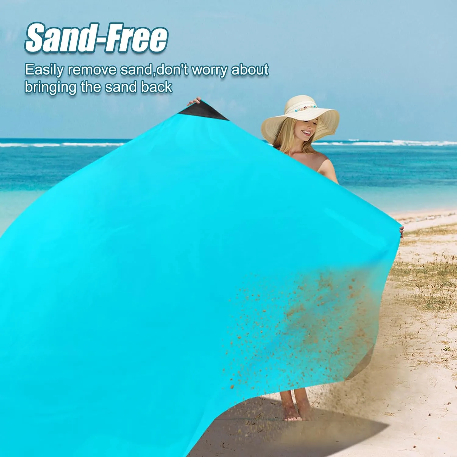 Odoland Pocket Blanket Picnic Blanket, 71" x 63" SandProof Waterproof Outdoor Beach Blanket with Portable Bag, Foldable Lightweight Sand Free Quick Drying Mat for Hiking Camping Travel, Lake Blue