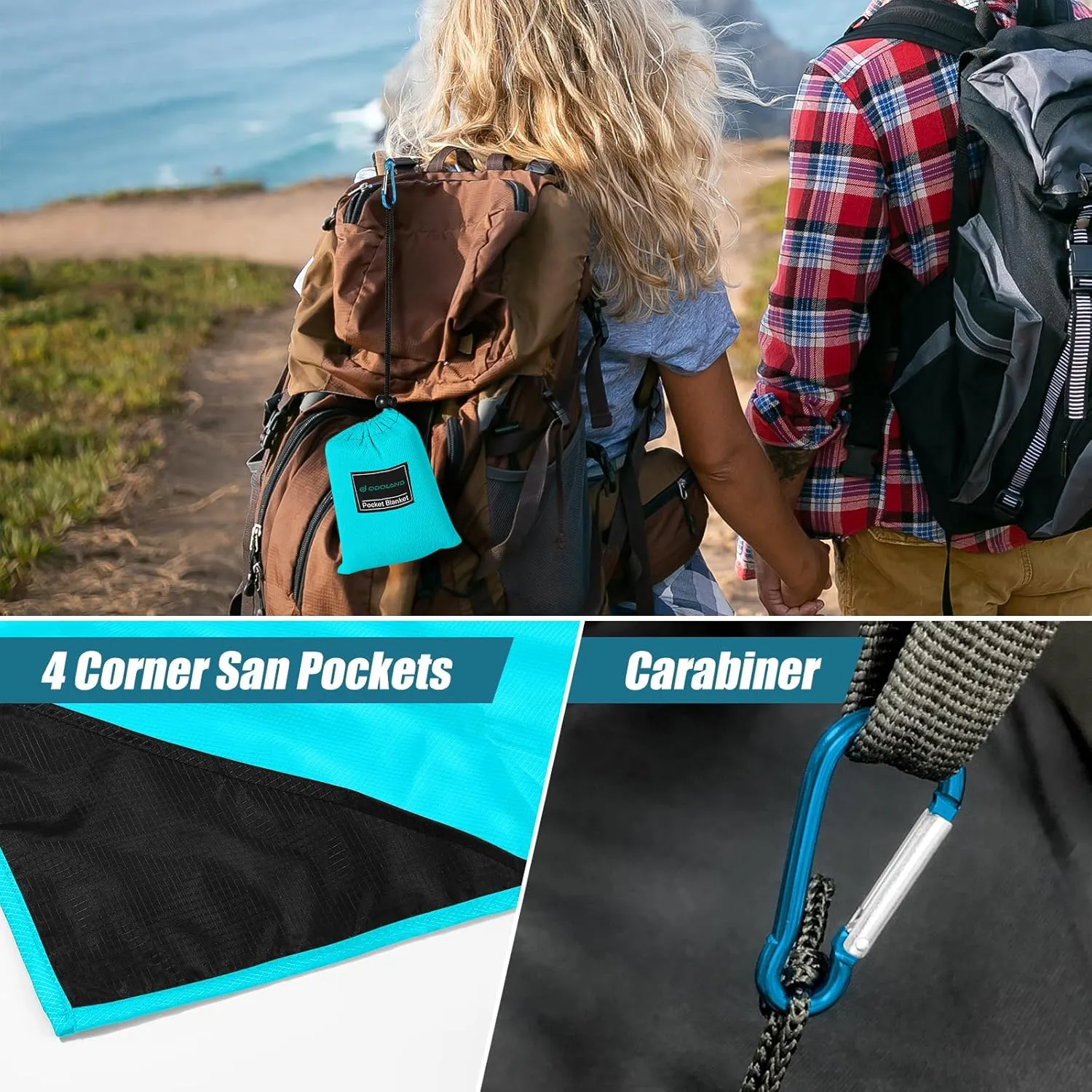 Odoland Pocket Blanket Picnic Blanket, 71" x 63" SandProof Waterproof Outdoor Beach Blanket with Portable Bag, Foldable Lightweight Sand Free Quick Drying Mat for Hiking Camping Travel, Lake Blue