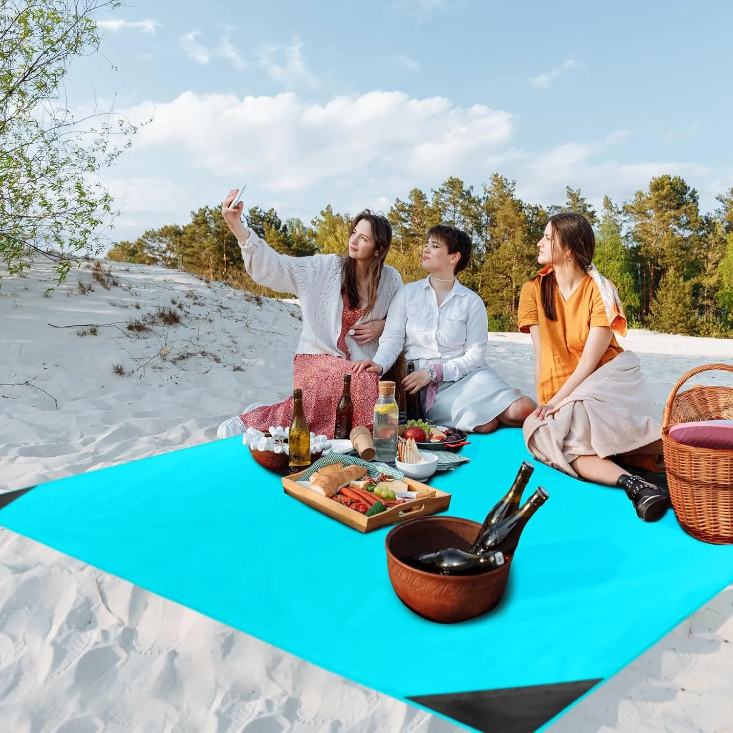 Odoland Pocket Blanket Picnic Blanket, 71" x 63" SandProof Waterproof Outdoor Beach Blanket with Portable Bag, Foldable Lightweight Sand Free Quick Drying Mat for Hiking Camping Travel, Lake Blue