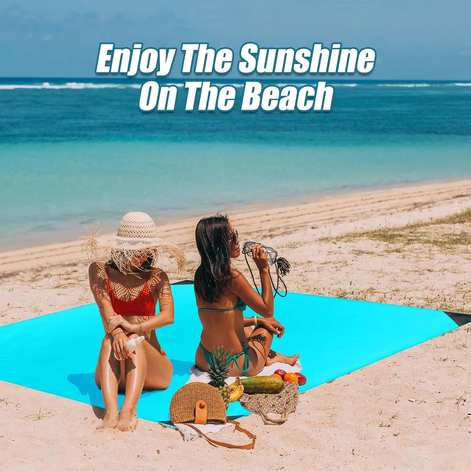 Odoland Pocket Blanket Picnic Blanket, 71" x 63" SandProof Waterproof Outdoor Beach Blanket with Portable Bag, Foldable Lightweight Sand Free Quick Drying Mat for Hiking Camping Travel, Lake Blue