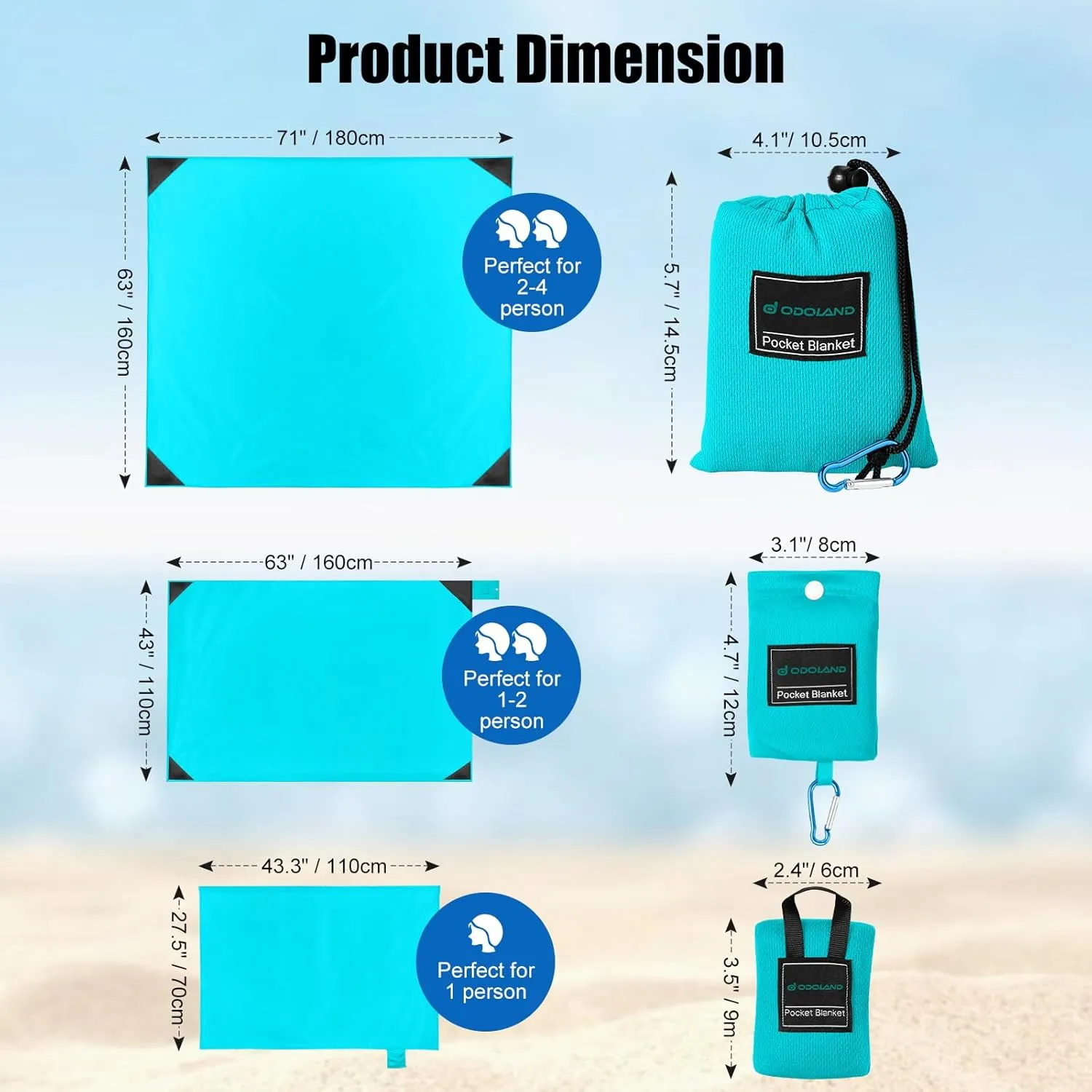 Odoland Pocket Blanket Picnic Blanket, 71" x 63" SandProof Waterproof Outdoor Beach Blanket with Portable Bag, Foldable Lightweight Sand Free Quick Drying Mat for Hiking Camping Travel, Lake Blue
