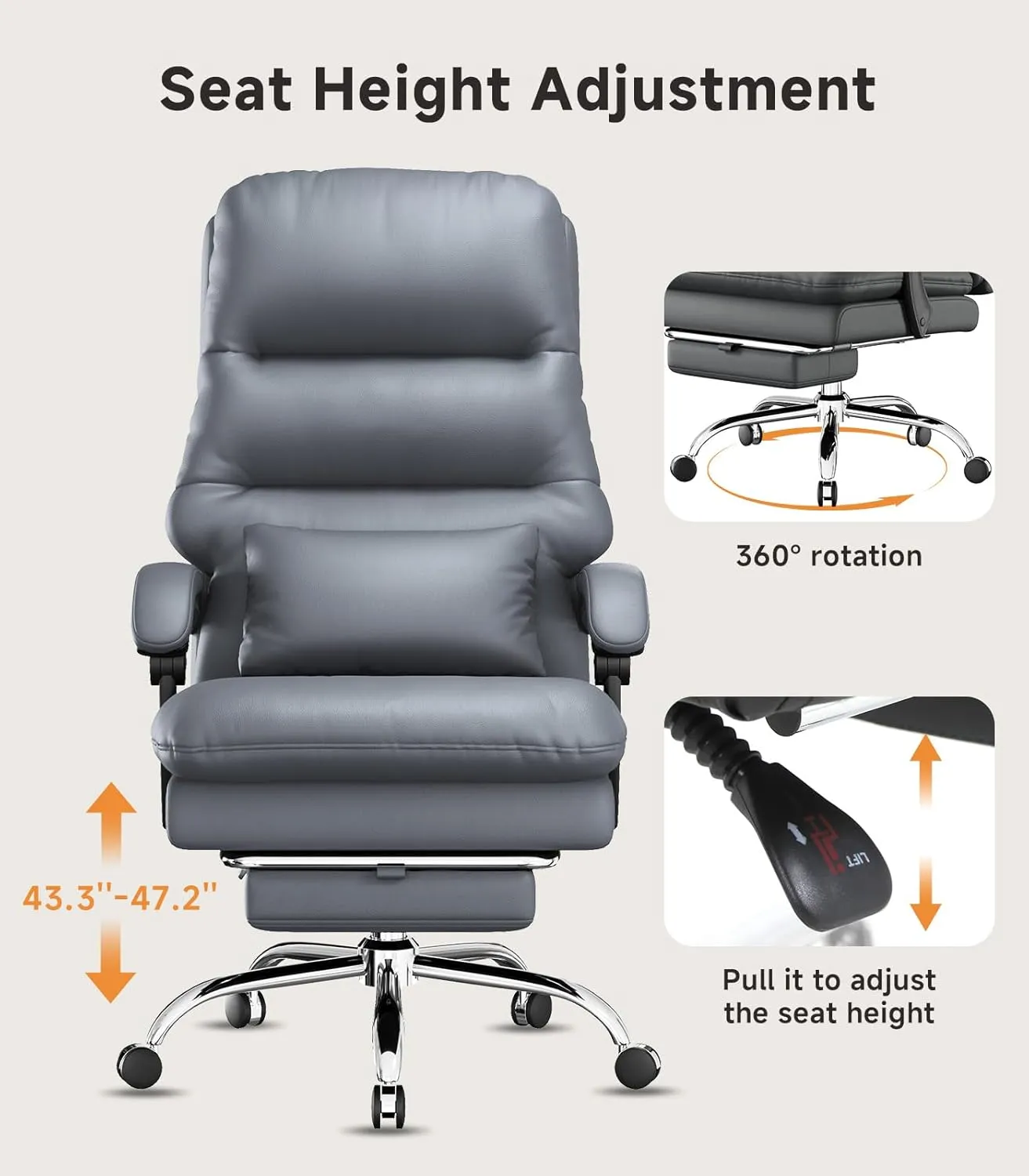 Office Chair, Big and Tall Office Desk Chair, Ergonomic Office Chair, 400LBS PU Leather Computer Chairs, Executive Chair with Foot Rest and Lumbar Pillow (Premium Grey)