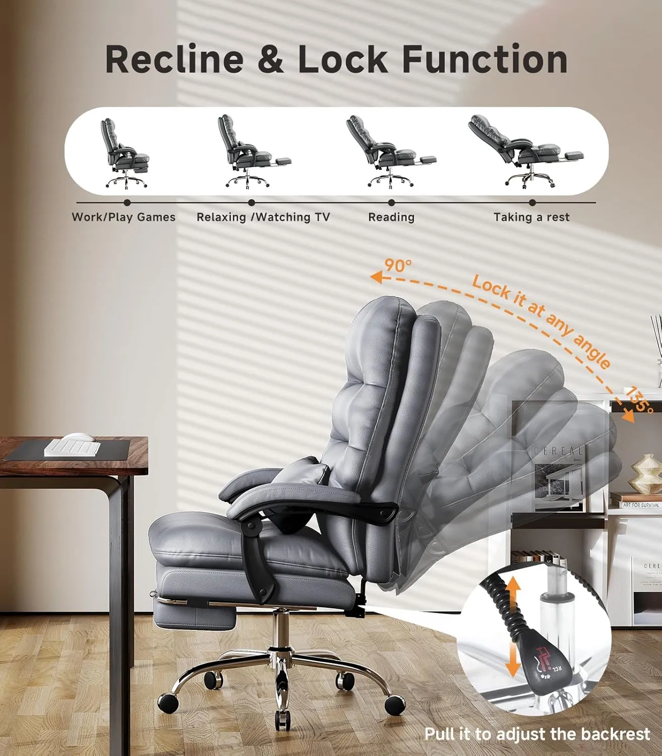 Office Chair, Big and Tall Office Desk Chair, Ergonomic Office Chair, 400LBS PU Leather Computer Chairs, Executive Chair with Foot Rest and Lumbar Pillow (Premium Grey)