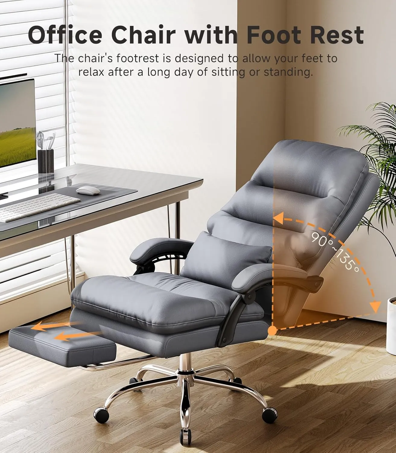 Office Chair, Big and Tall Office Desk Chair, Ergonomic Office Chair, 400LBS PU Leather Computer Chairs, Executive Chair with Foot Rest and Lumbar Pillow (Premium Grey)