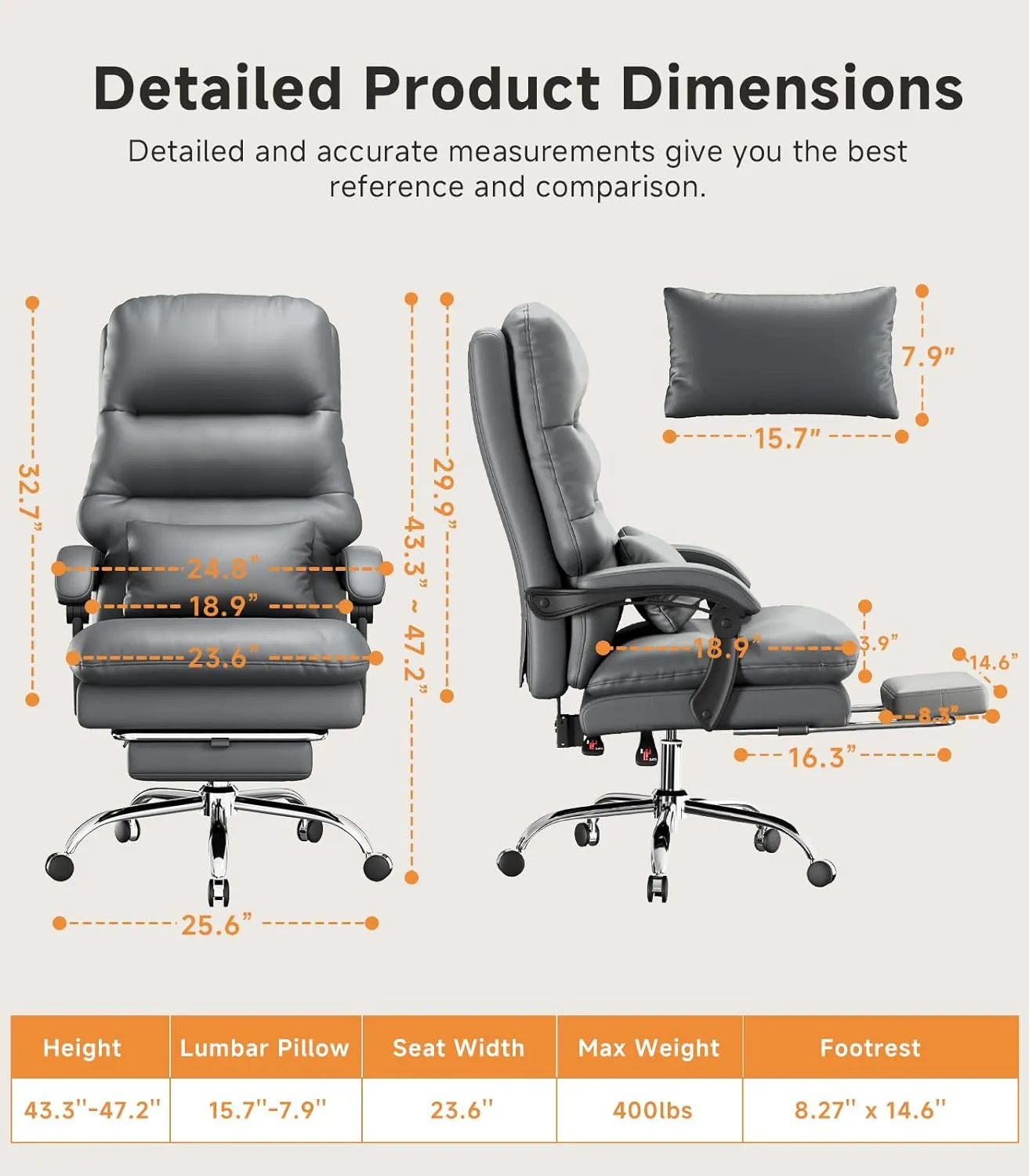 Office Chair, Big and Tall Office Desk Chair, Ergonomic Office Chair, 400LBS PU Leather Computer Chairs, Executive Chair with Foot Rest and Lumbar Pillow (Premium Grey)