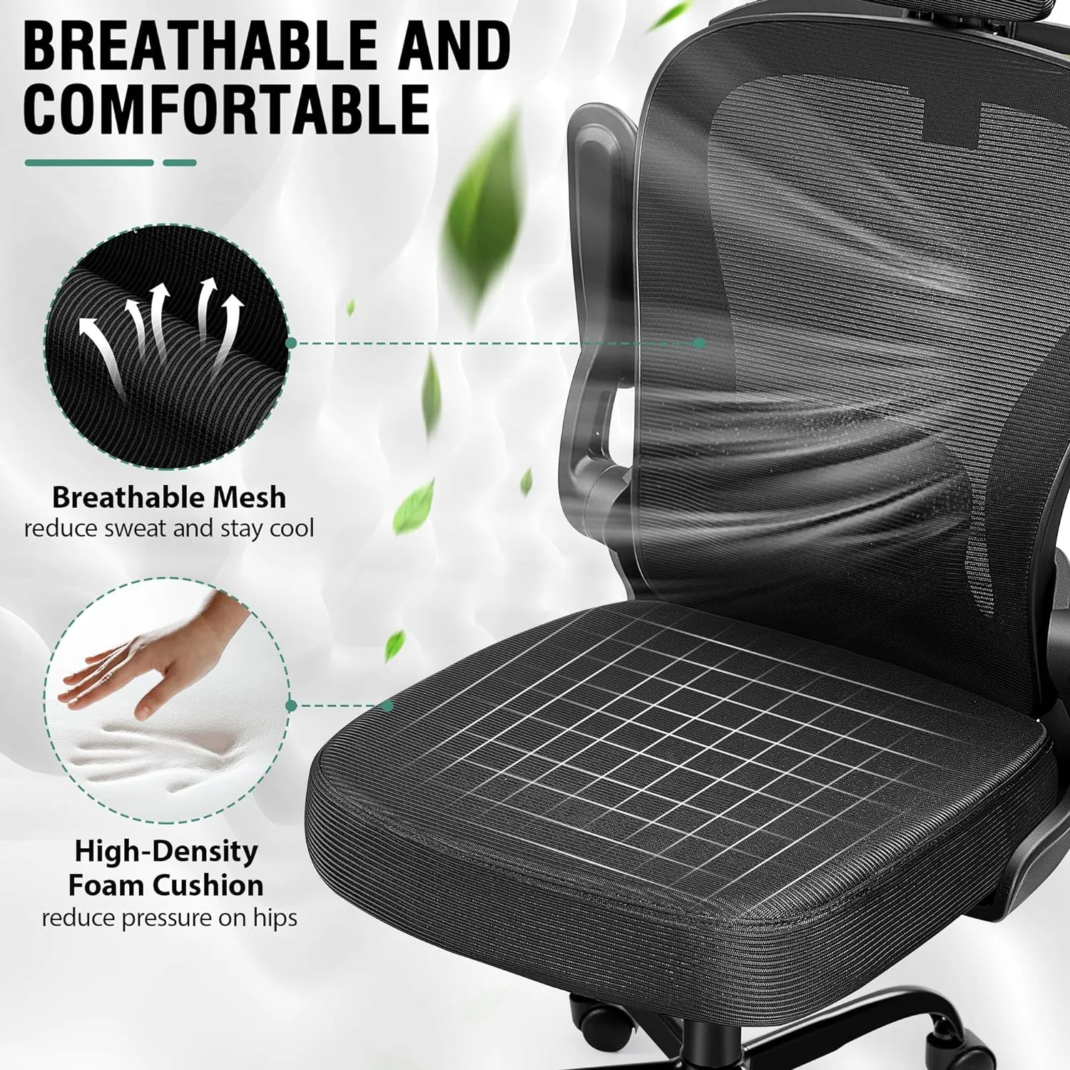Office Chair, Ergonomic Office Chair with 3D Lumbar Support 3D Headrest, Comfy High Back Home Desk Chairs, Breathable Mesh Computer Chairs with Flip-Up Armrests & Hanger,Black