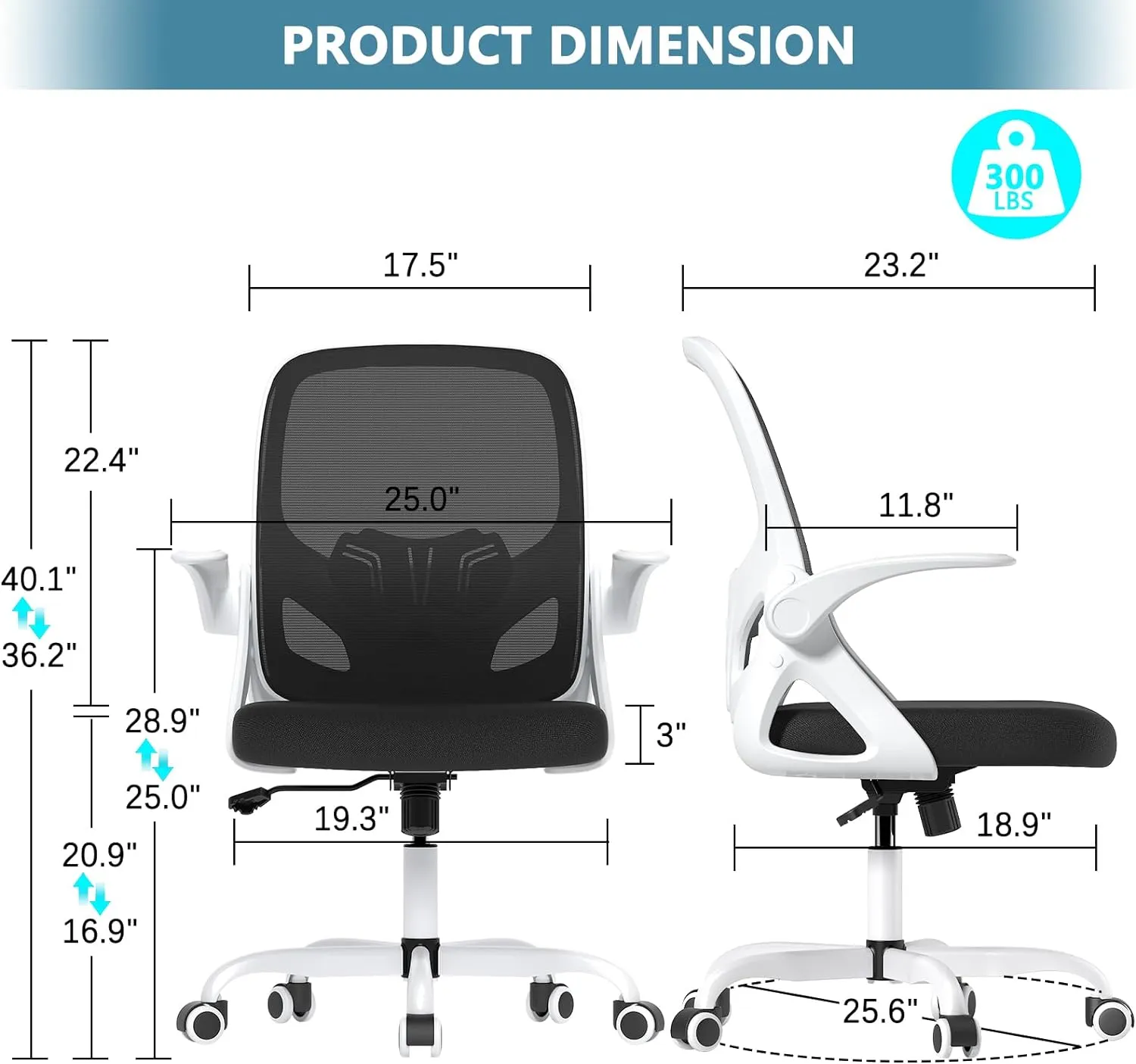 Office Desk Chair with Lumbar Support, Ergonomic Mesh Office Chair with Wheels and Flip-up Armrests, Adjustable Height Swivel Computer Chair for Home and Office, KBGY255