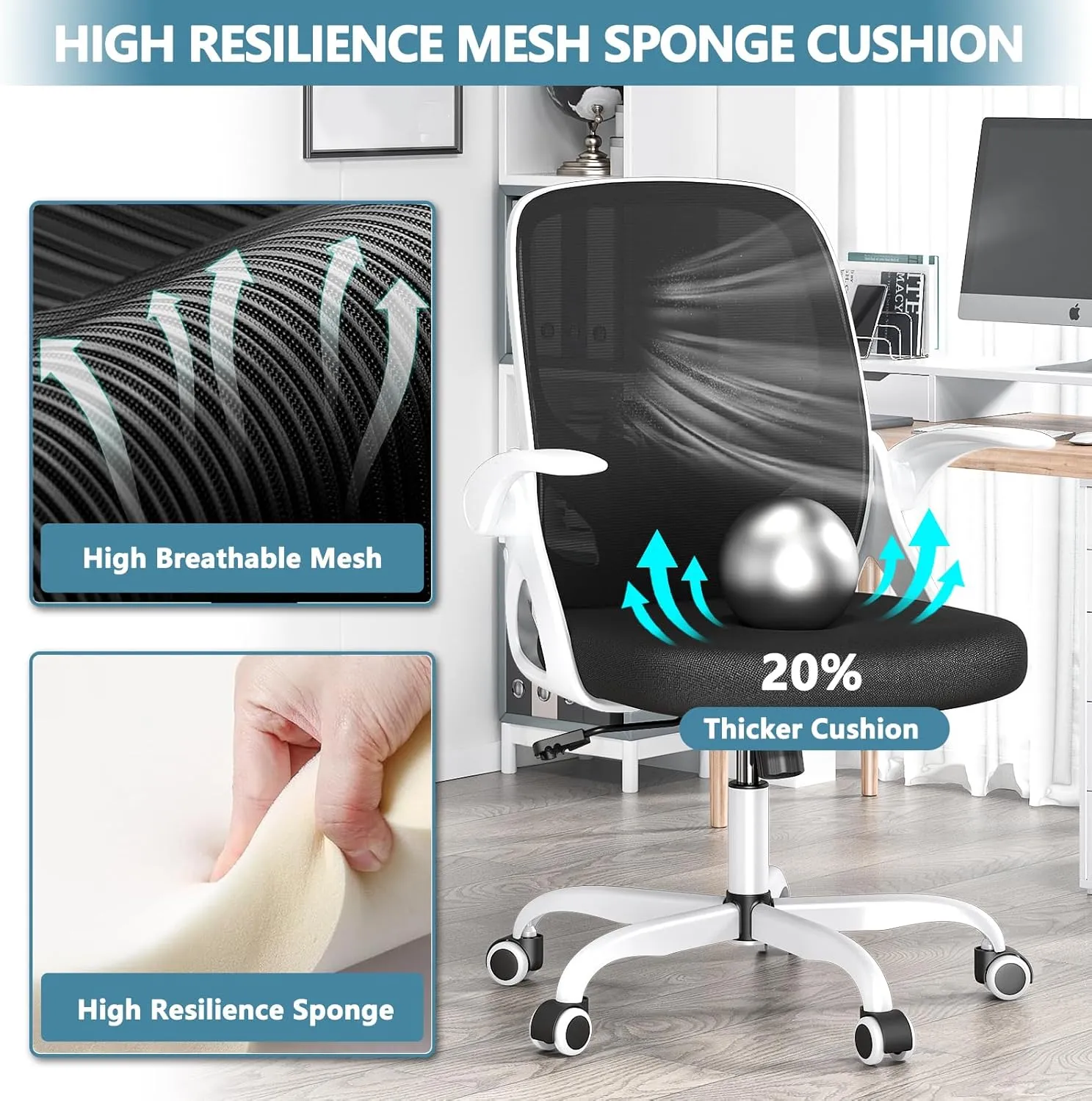 Office Desk Chair with Lumbar Support, Ergonomic Mesh Office Chair with Wheels and Flip-up Armrests, Adjustable Height Swivel Computer Chair for Home and Office, KBGY255