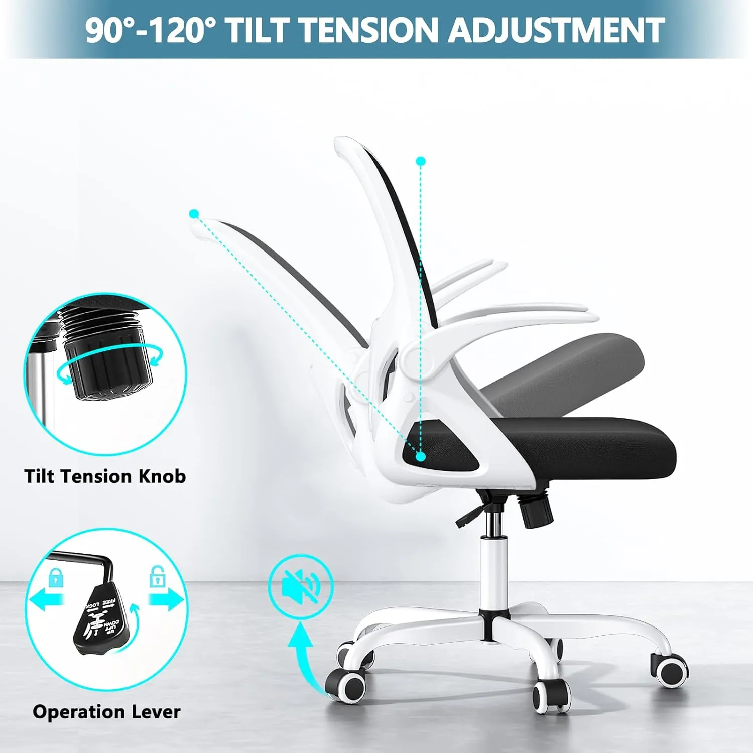 Office Desk Chair with Lumbar Support, Ergonomic Mesh Office Chair with Wheels and Flip-up Armrests, Adjustable Height Swivel Computer Chair for Home and Office, KBGY255