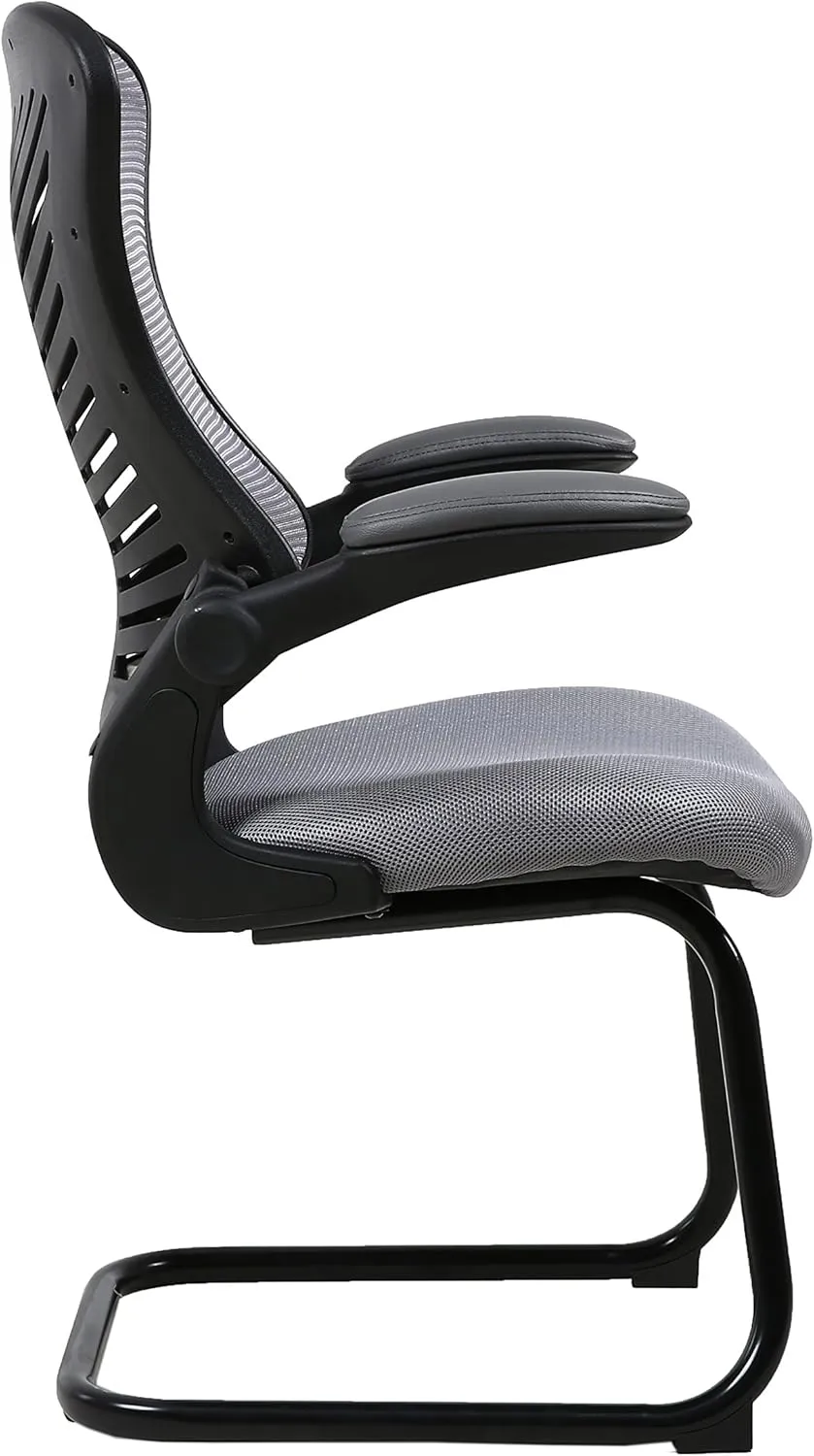 OfficeFactor Reception Guest Office Chairs with Flip Up Arms – Comfortable Mesh, Ergonomic Contour, Modern Convertible Furniture for Visitors, Meeting Groups 300 Lbs Rated (Gray)