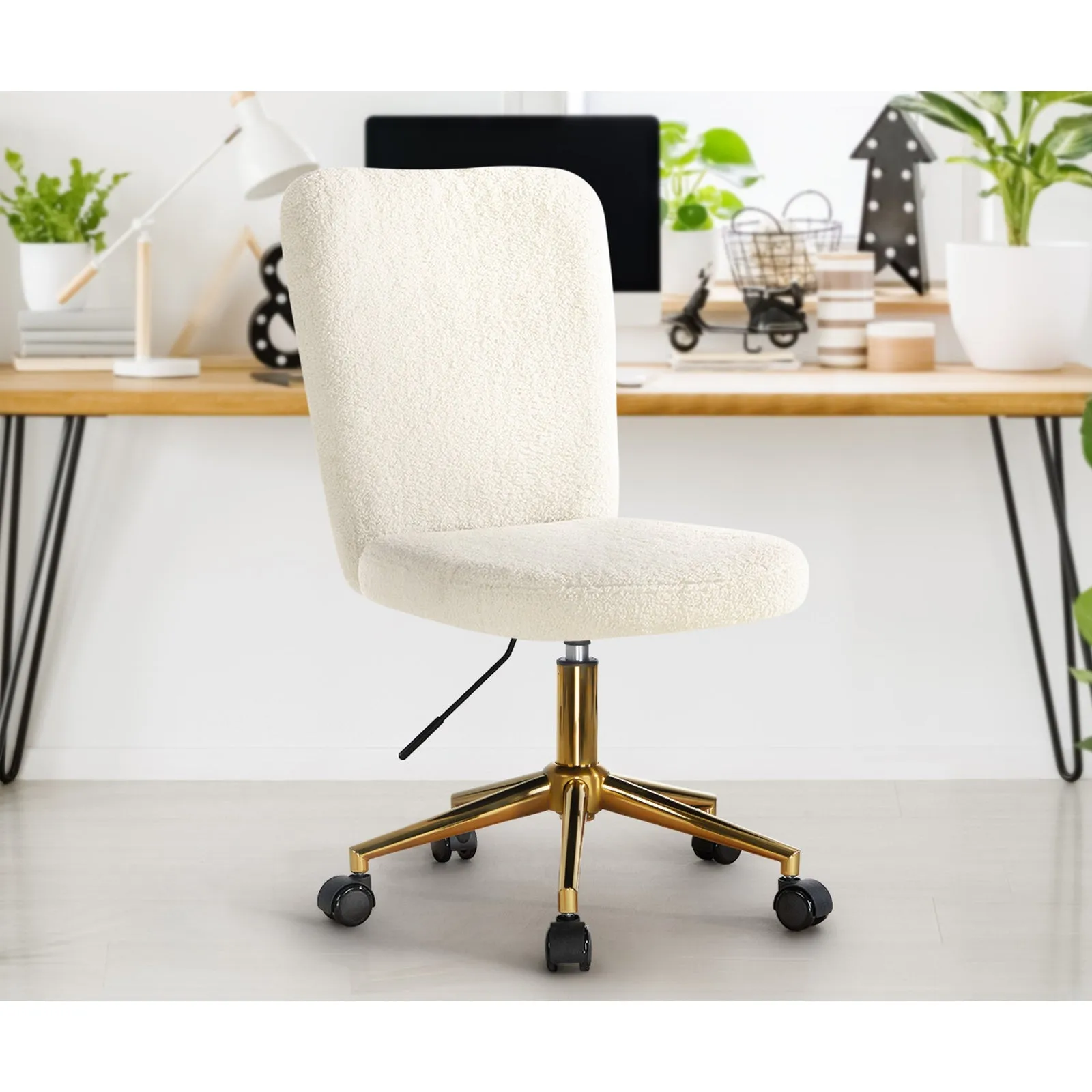 Oikiture High Back Armless Home Office Chair Boucle White&Gold