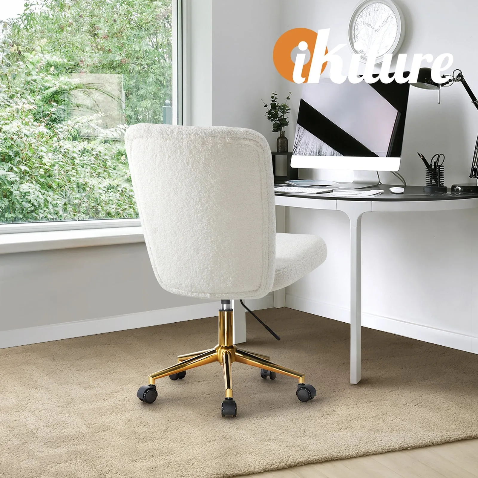 Oikiture High Back Armless Home Office Chair Boucle White&Gold