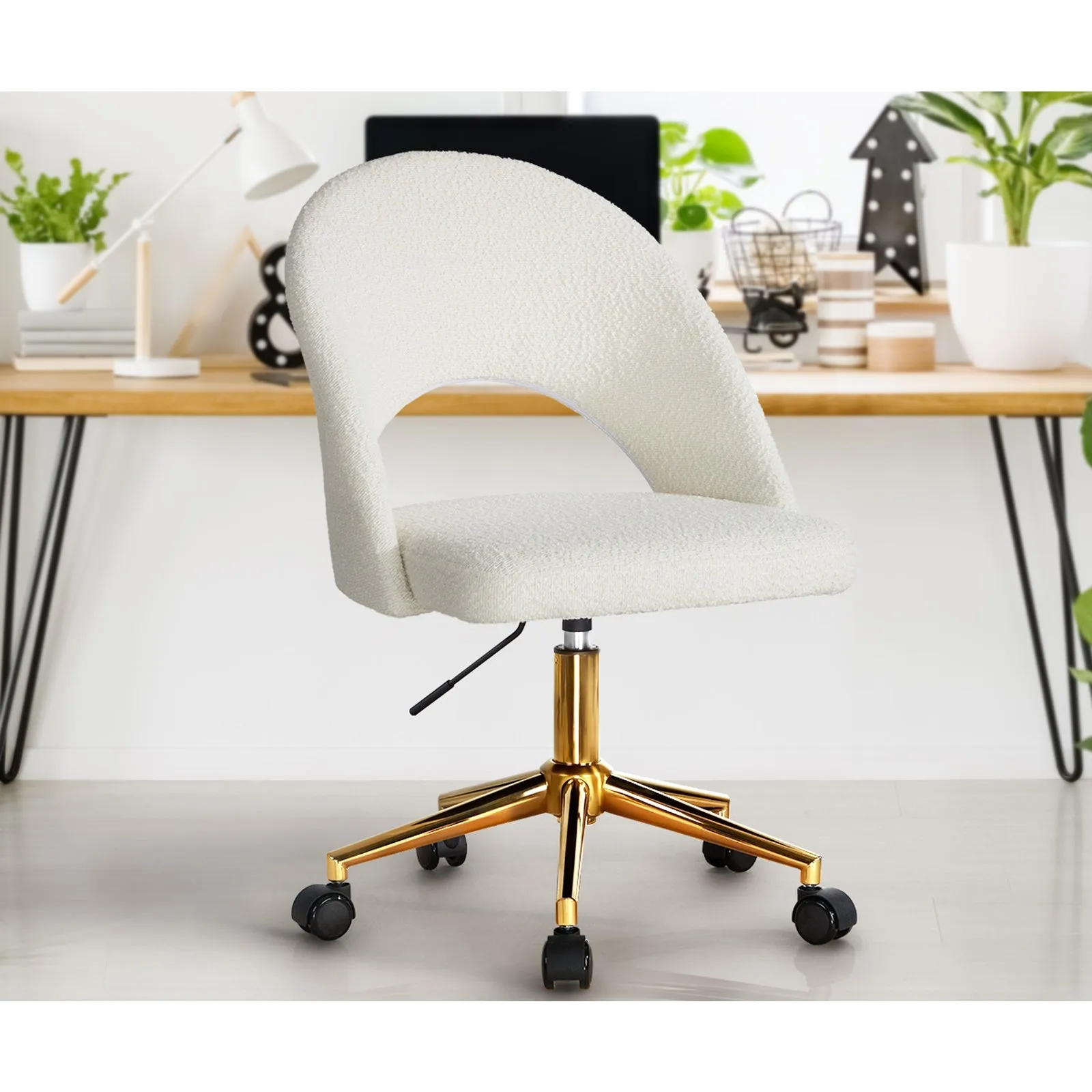 Oikiture High Back Hollow Armless Home Office Chair Boucle White&Gold