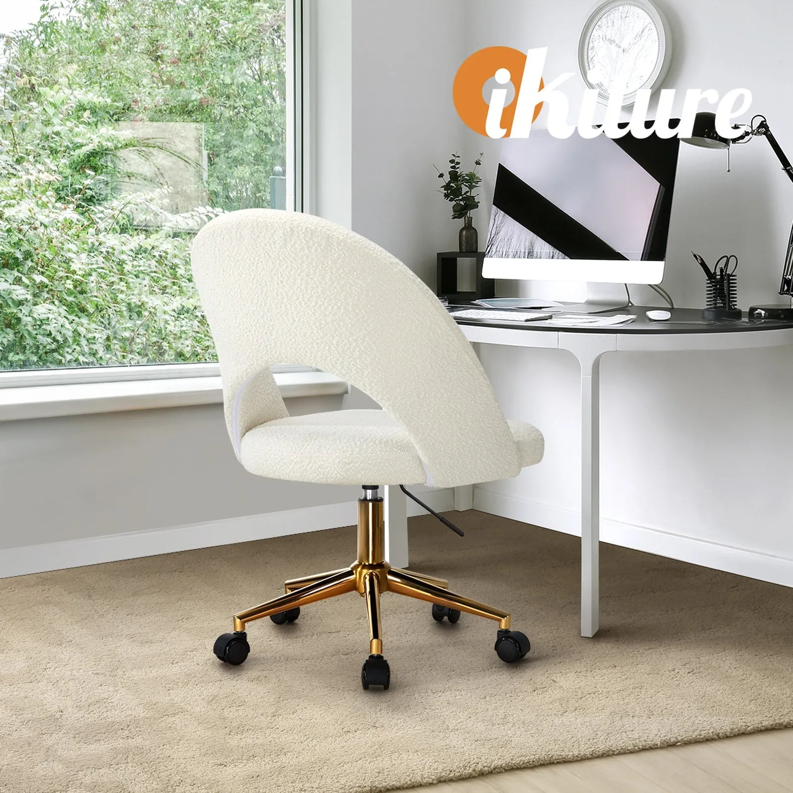 Oikiture High Back Hollow Armless Home Office Chair Boucle White&Gold
