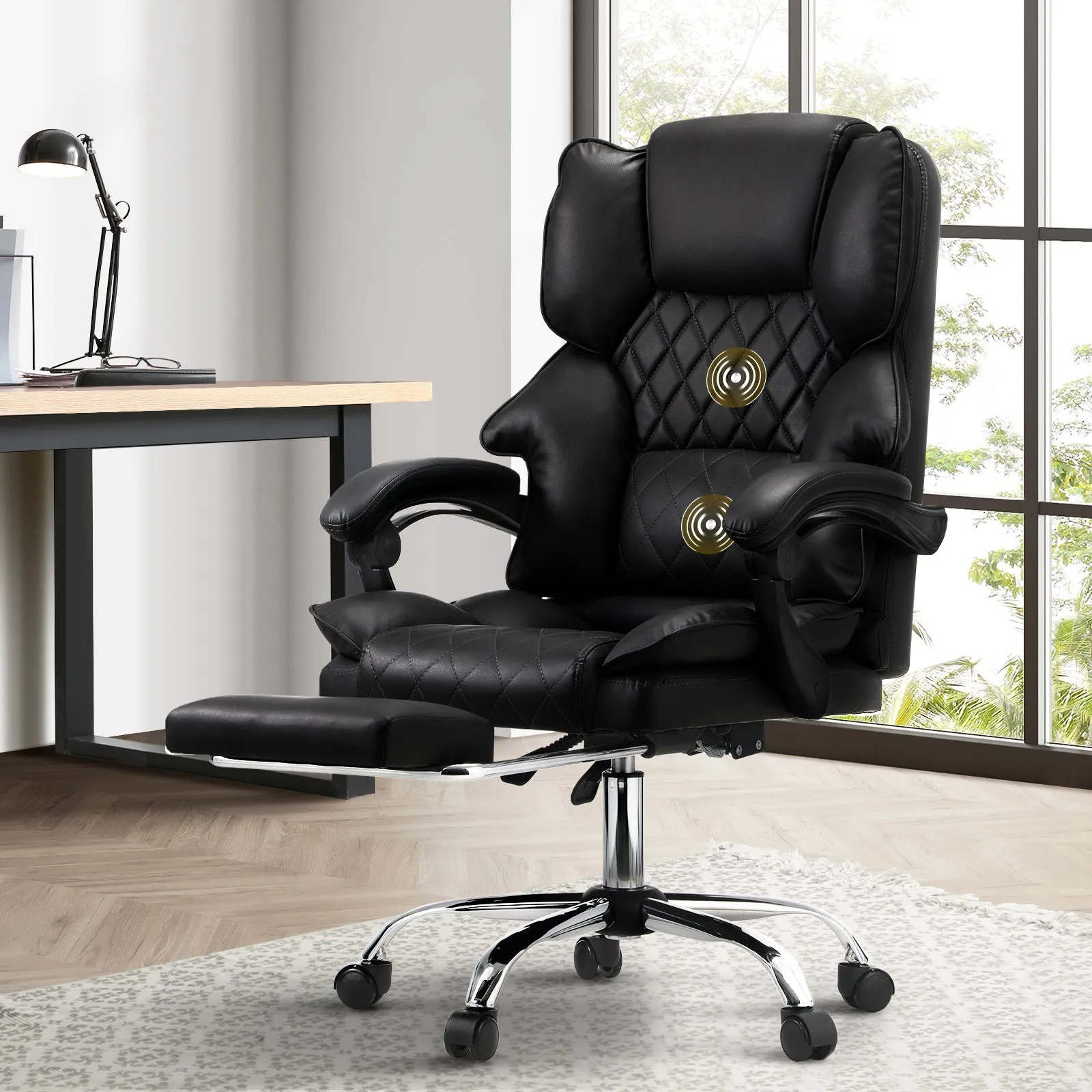Oikiture Massgae Office Chair Recliner Racing Computer Chairs PU Footrest Black