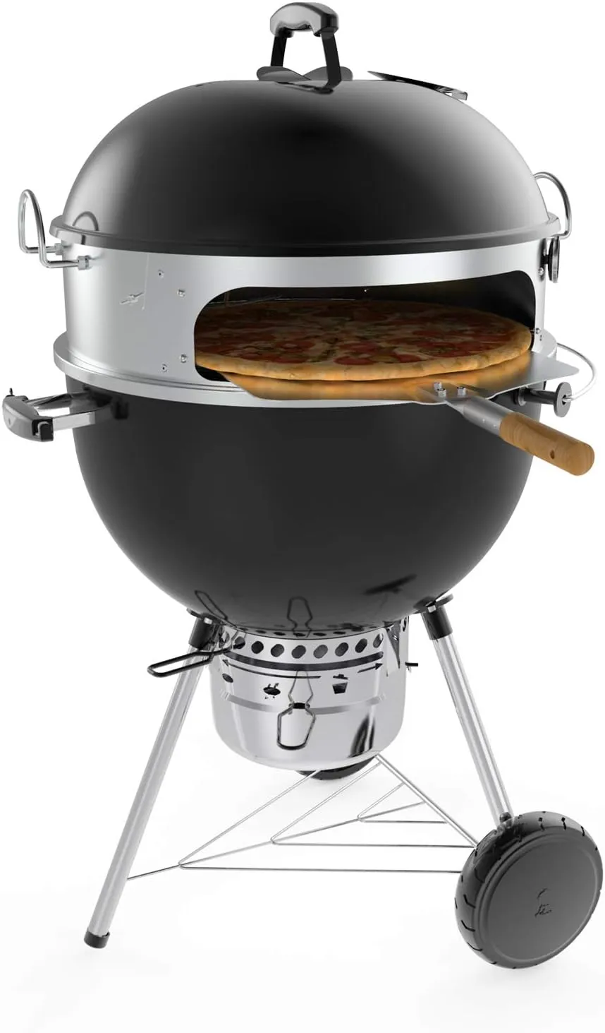 onlyfire Stainless Steel Multi-purpose Rotisserie and Pizza Combo Kit for Weber 22-Inch Kettle Charcoal Grills - Include Pizza Peel and Pizza Stone