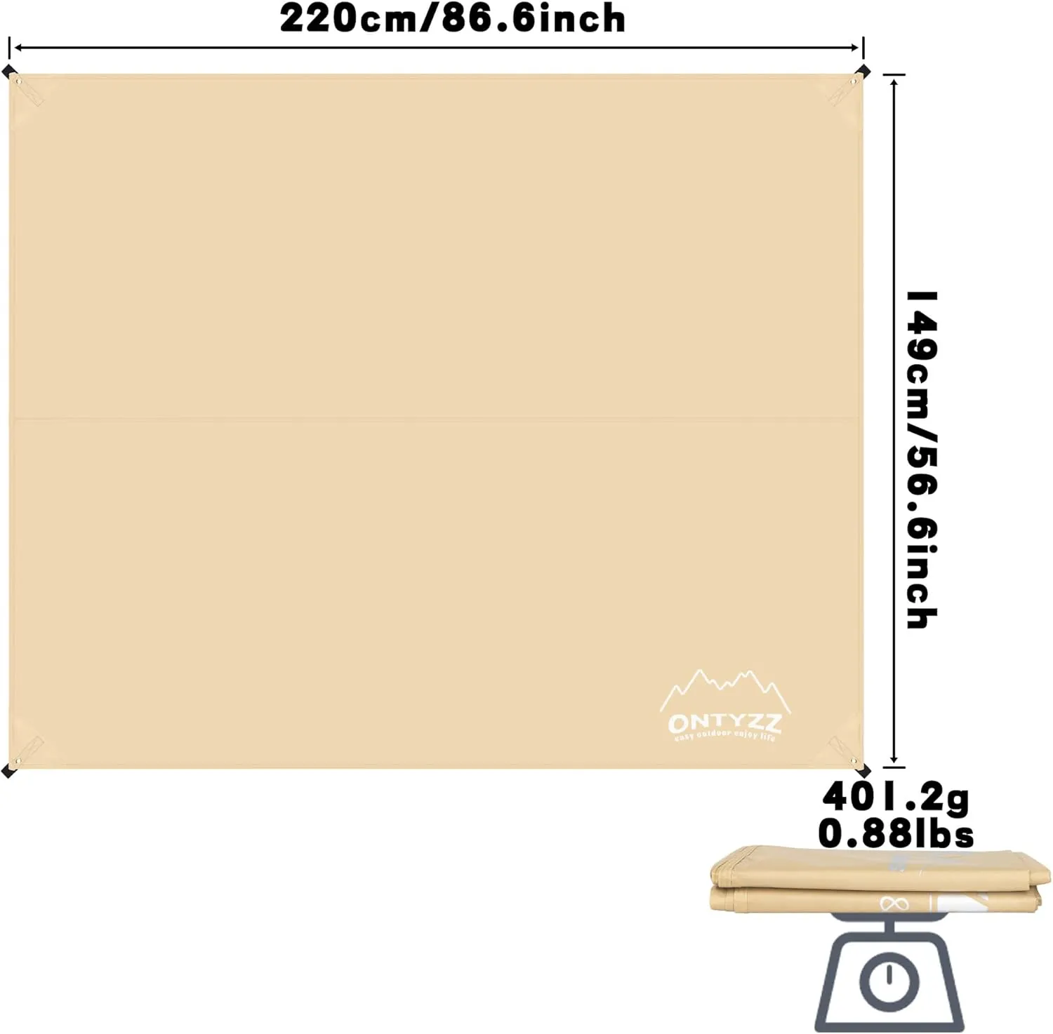 ONTYZZ Khaki Rectangle Tent Footprint Waterproof Camping Tarp Two in One Ground Sheet Mat and Tent Tarp for Camping Outdoor Hiking Beach Picnic, 149 * 220㎝