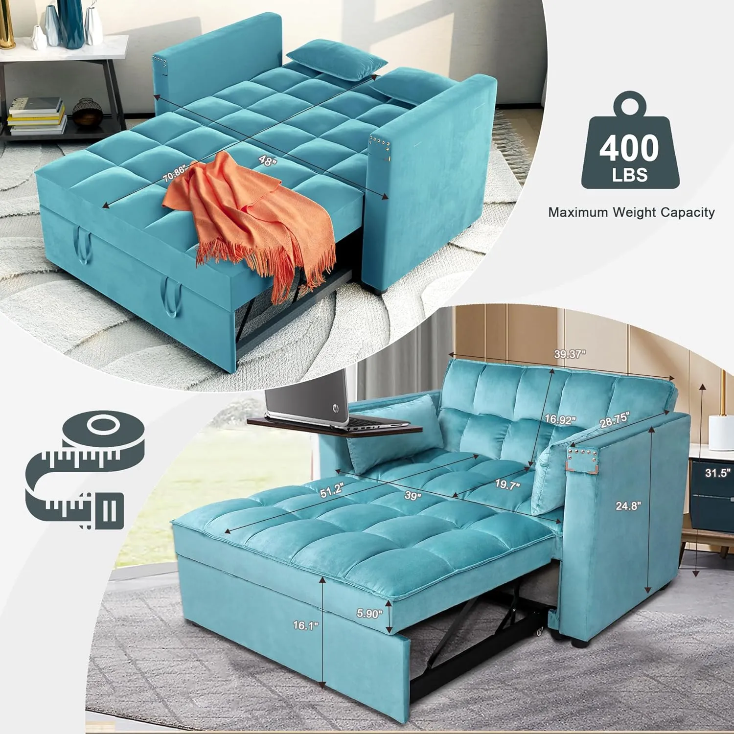 ORRD Convertible Sofa Bed, 3-in-1 Multi-Functional Velvet Sleeper Couch Pull-Out Bed, 48'' Bed Chaise Lounge with Adjustable Backrest and Pillows, Hidden Side Table for Living Room, Small Space