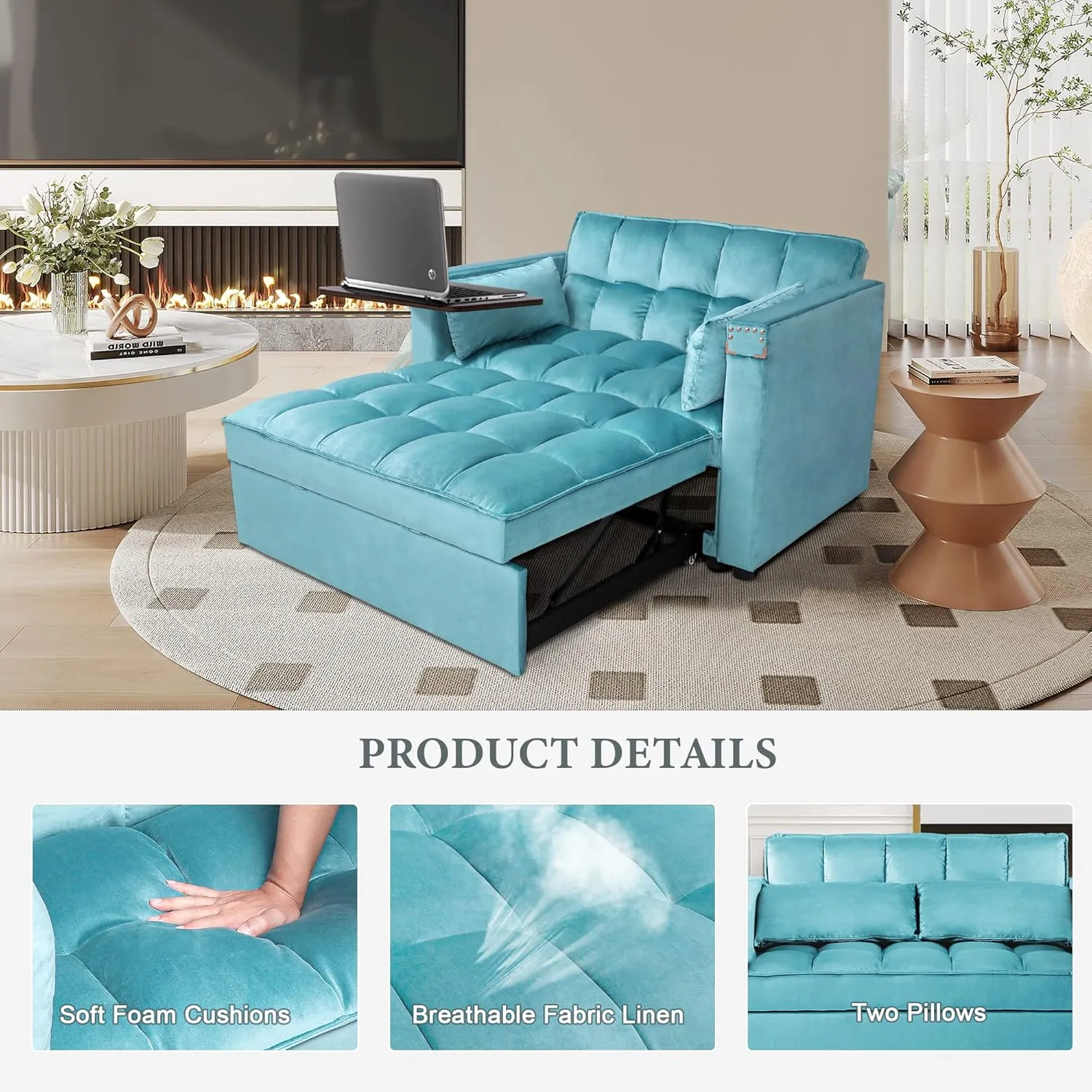 ORRD Convertible Sofa Bed, 3-in-1 Multi-Functional Velvet Sleeper Couch Pull-Out Bed, 48'' Bed Chaise Lounge with Adjustable Backrest and Pillows, Hidden Side Table for Living Room, Small Space