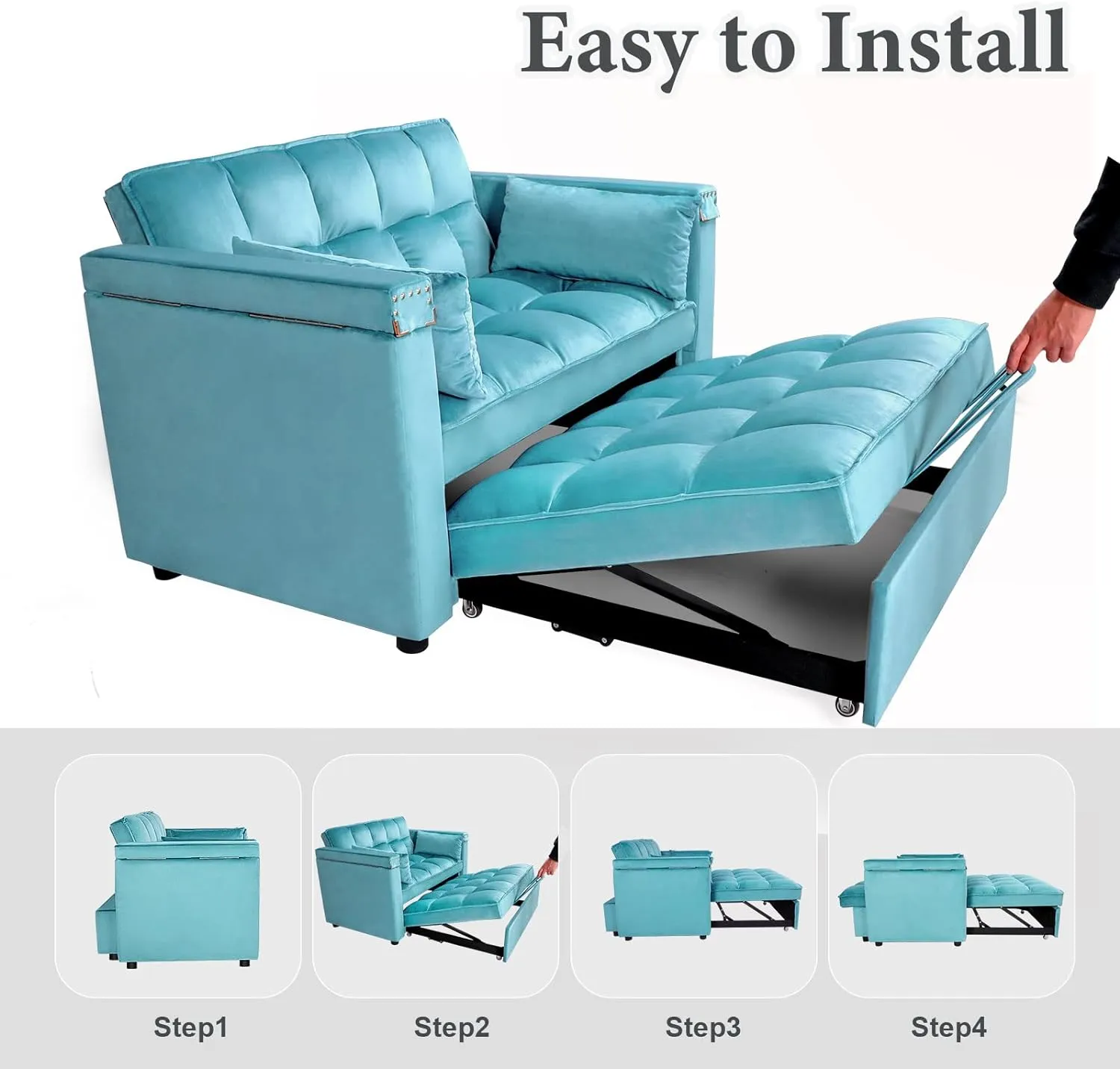 ORRD Convertible Sofa Bed, 3-in-1 Multi-Functional Velvet Sleeper Couch Pull-Out Bed, 48'' Bed Chaise Lounge with Adjustable Backrest and Pillows, Hidden Side Table for Living Room, Small Space