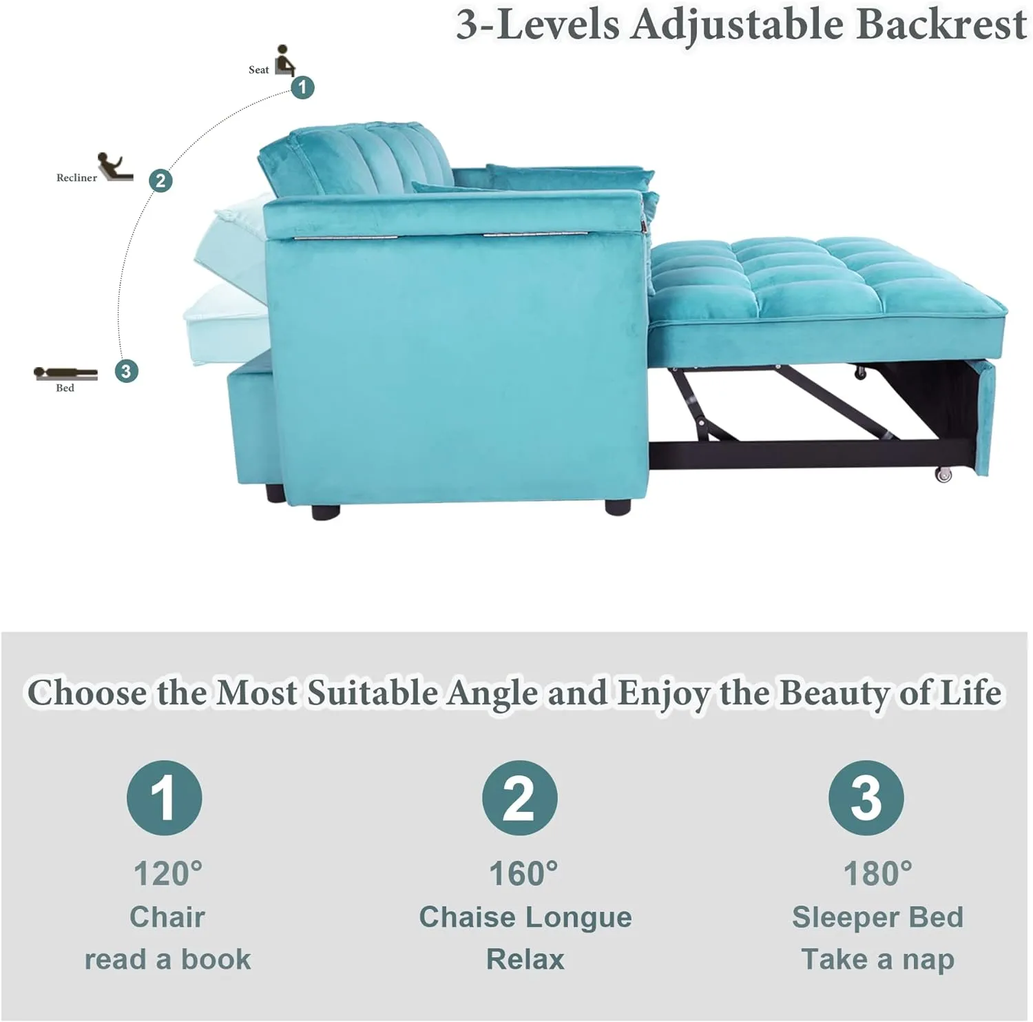 ORRD Convertible Sofa Bed, 3-in-1 Multi-Functional Velvet Sleeper Couch Pull-Out Bed, 48'' Bed Chaise Lounge with Adjustable Backrest and Pillows, Hidden Side Table for Living Room, Small Space
