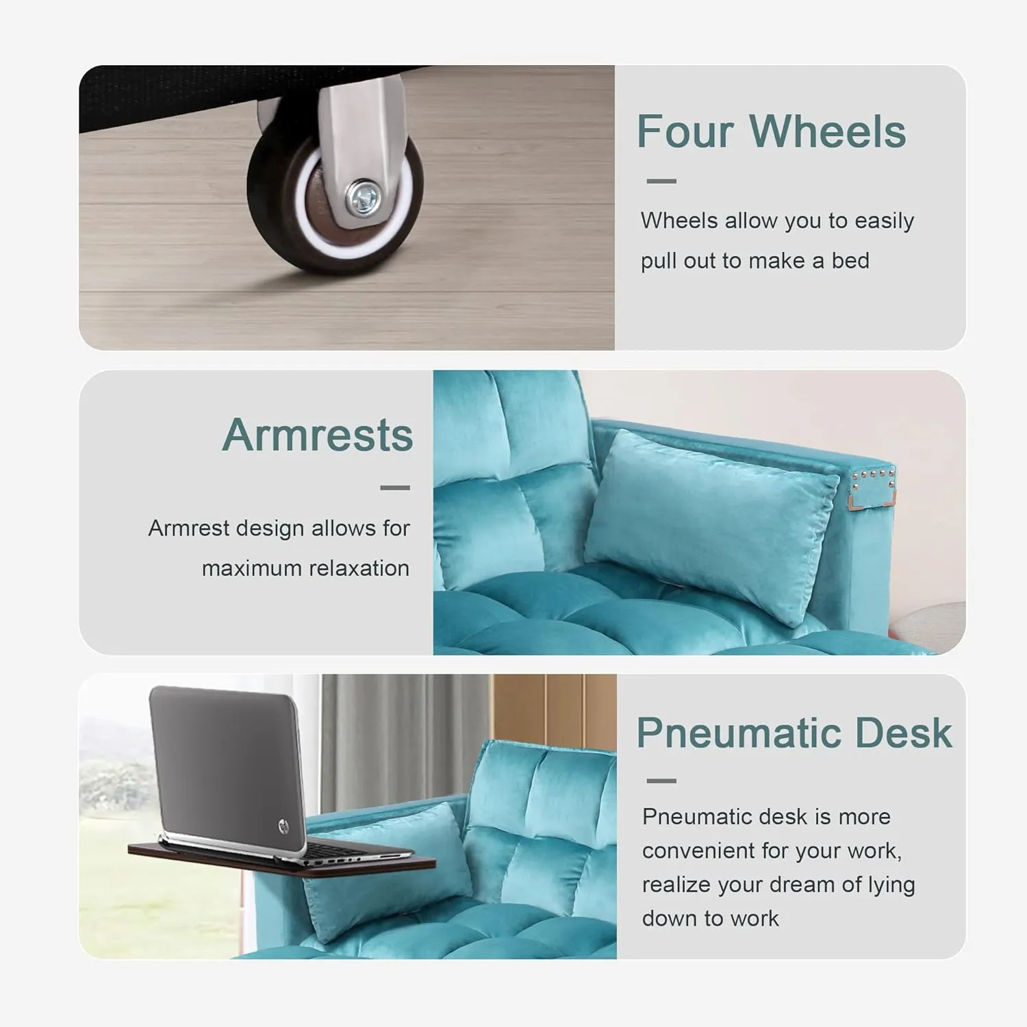 ORRD Convertible Sofa Bed, 3-in-1 Multi-Functional Velvet Sleeper Couch Pull-Out Bed, 48'' Bed Chaise Lounge with Adjustable Backrest and Pillows, Hidden Side Table for Living Room, Small Space