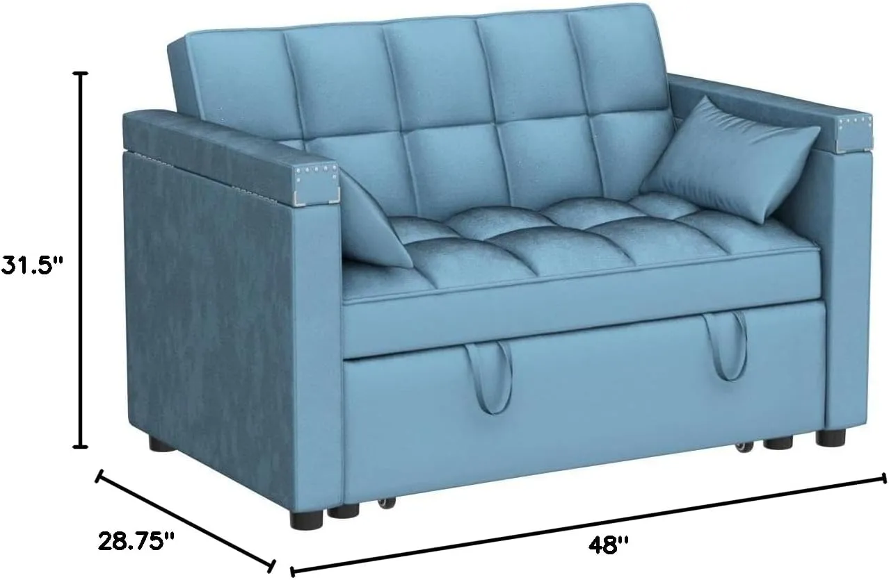 ORRD Convertible Sofa Bed, 3-in-1 Multi-Functional Velvet Sleeper Couch Pull-Out Bed, 48'' Bed Chaise Lounge with Adjustable Backrest and Pillows, Hidden Side Table for Living Room, Small Space