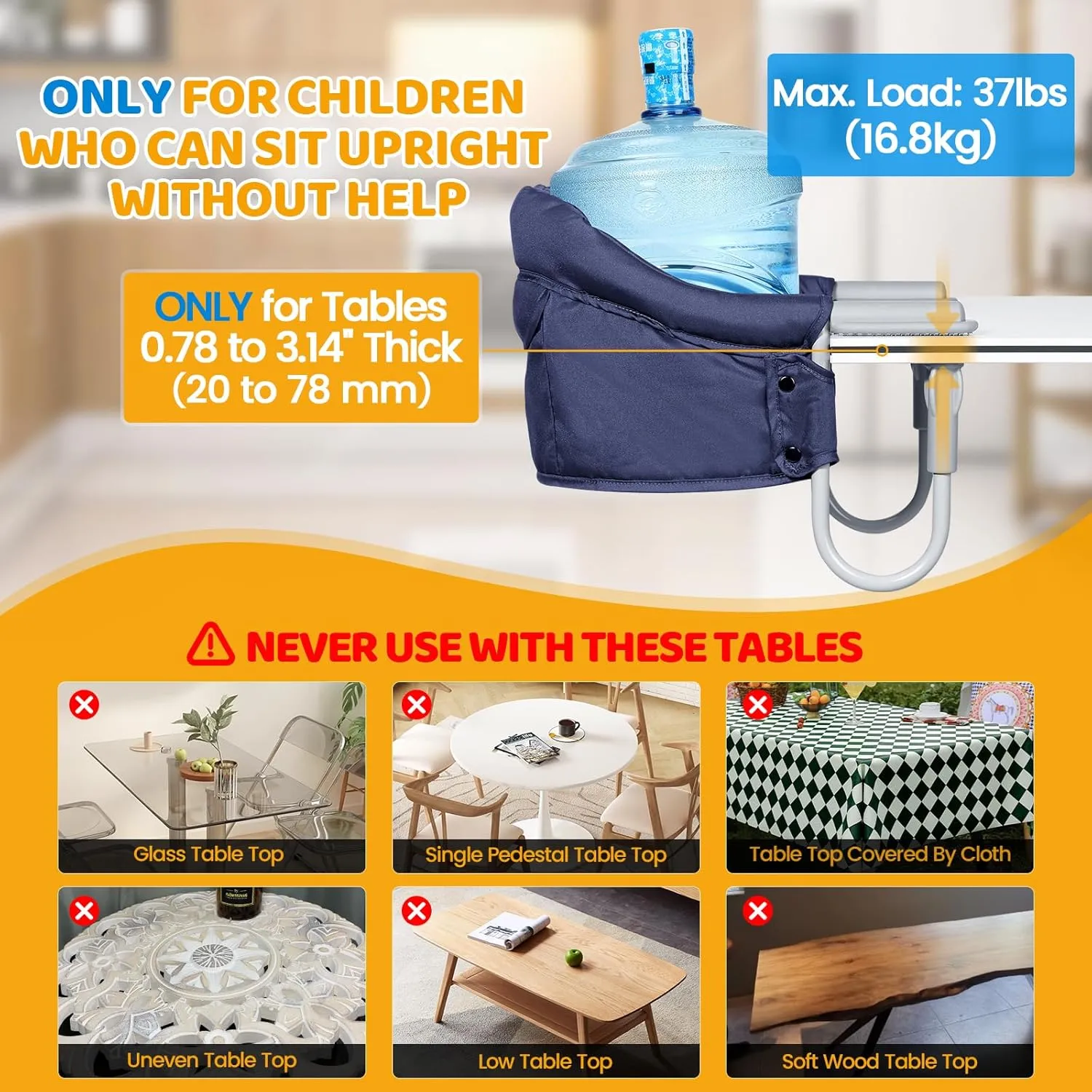 Orzbow Hook-On High Chair for Babies 6-36 Months - Portable, Fits Tables 0.78 to 3.14inchs Thick, Collapsible Clip-On Counter High Chair with Carry Bag for Travel, Home and Restaurant, Blue