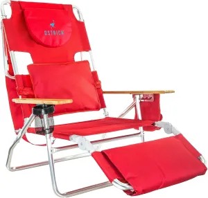 Ostrich Deluxe 3N1 Lightweight Lawn Beach Reclining Lounge Chair with Footrest, Outdoor Furniture for Patio, Balcony, Backyard, or Porch, Red