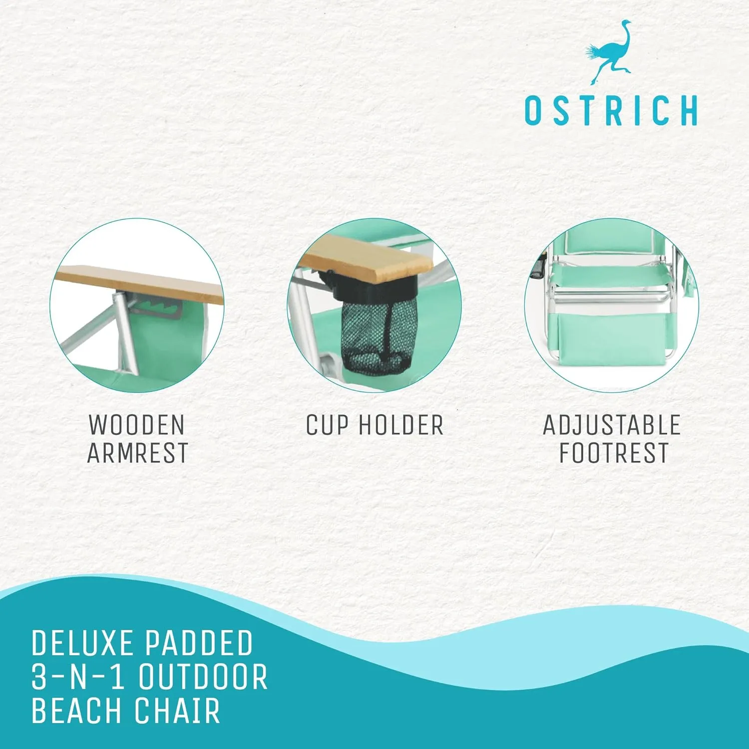 Ostrich Deluxe 3N1 Padded Beach Chair w/ Face Cushion & Arm Holes, Teal - Lightweight Folding Recliner w/ Adjustable Backrest & Footrest, Cup Holder, Side Utility Bag, 275 lb Weight Capacity