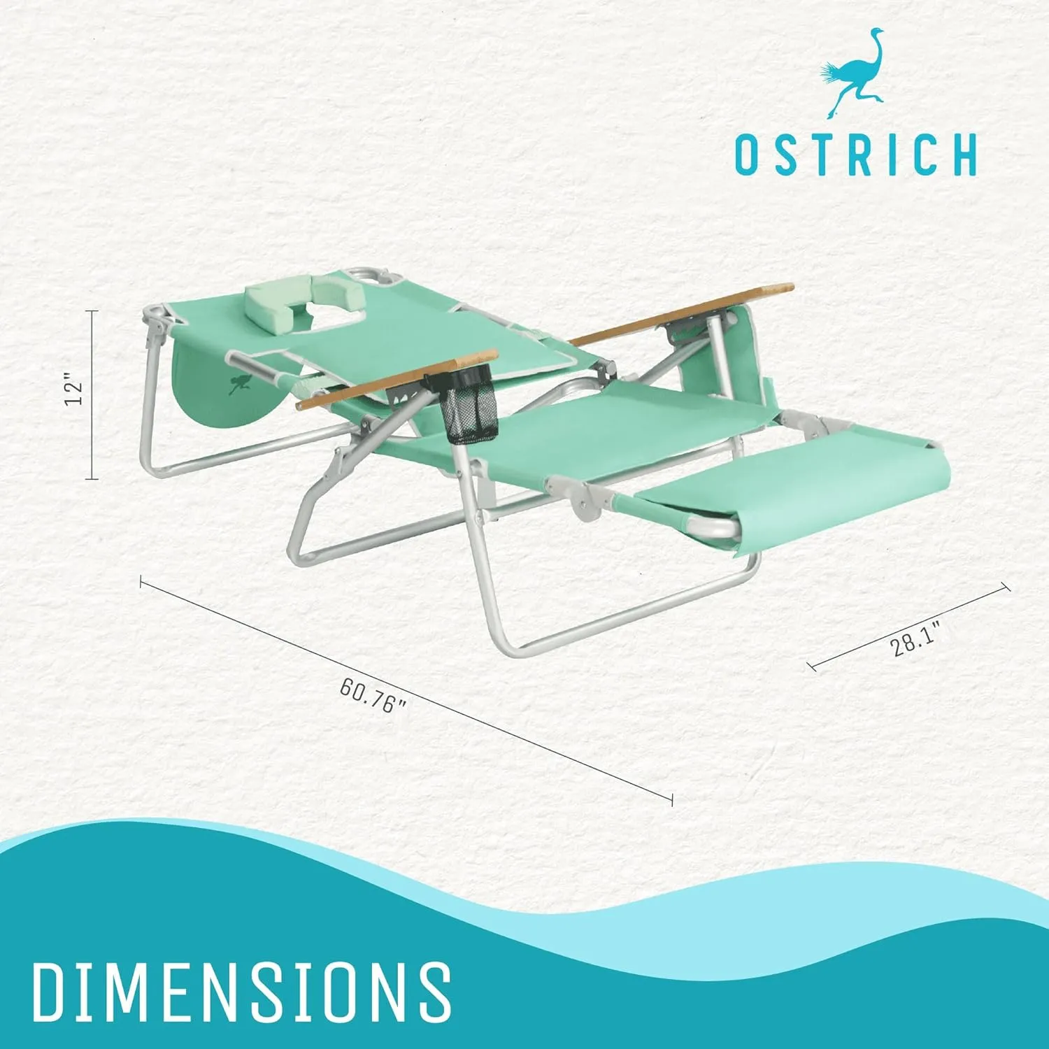 Ostrich Deluxe 3N1 Padded Beach Chair w/ Face Cushion & Arm Holes, Teal - Lightweight Folding Recliner w/ Adjustable Backrest & Footrest, Cup Holder, Side Utility Bag, 275 lb Weight Capacity
