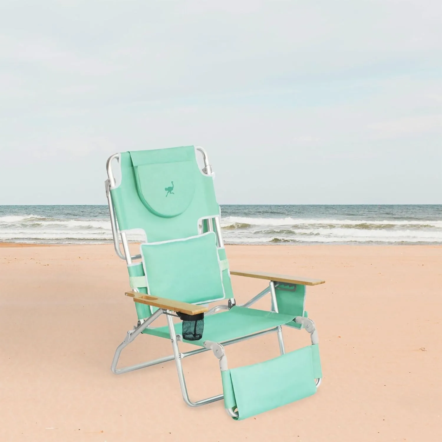 Ostrich Deluxe 3N1 Padded Beach Chair w/ Face Cushion & Arm Holes, Teal - Lightweight Folding Recliner w/ Adjustable Backrest & Footrest, Cup Holder, Side Utility Bag, 275 lb Weight Capacity