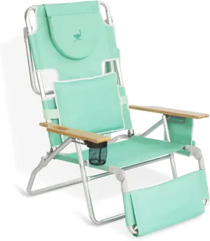 Ostrich Deluxe 3N1 Padded Beach Chair w/ Face Cushion & Arm Holes, Teal - Lightweight Folding Recliner w/ Adjustable Backrest & Footrest, Cup Holder, Side Utility Bag, 275 lb Weight Capacity