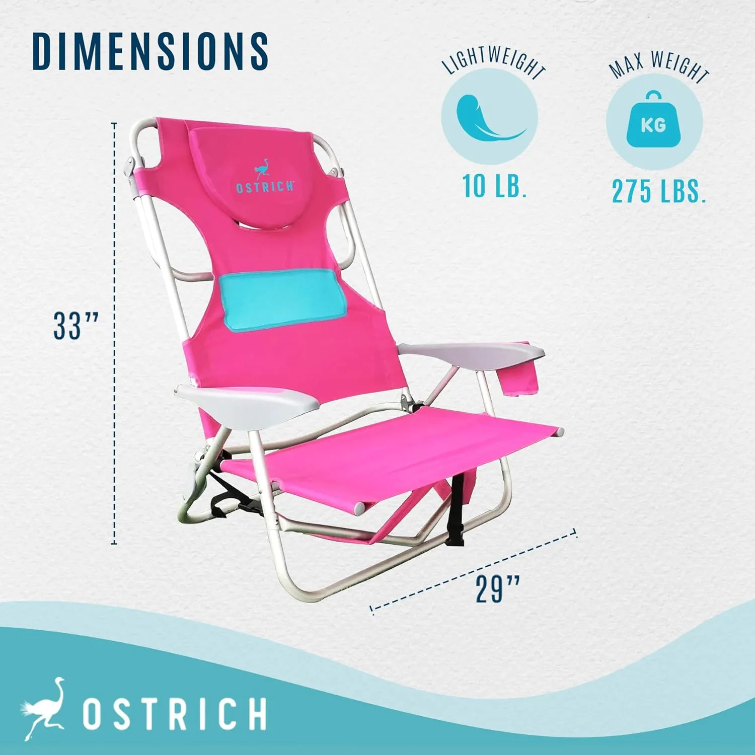 Ostrich Outdoor Beach Ladies Comfort On-Your-Back Adjustable & Portable Beach Chair with Backpack Straps and Cup Holder, Pink (2 Pack)
