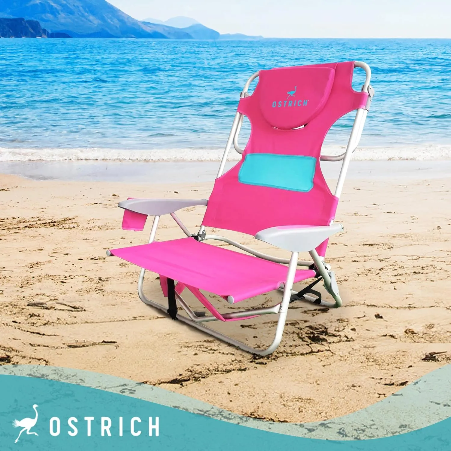 Ostrich Outdoor Beach Ladies Comfort On-Your-Back Adjustable & Portable Beach Chair with Backpack Straps and Cup Holder, Pink (2 Pack)