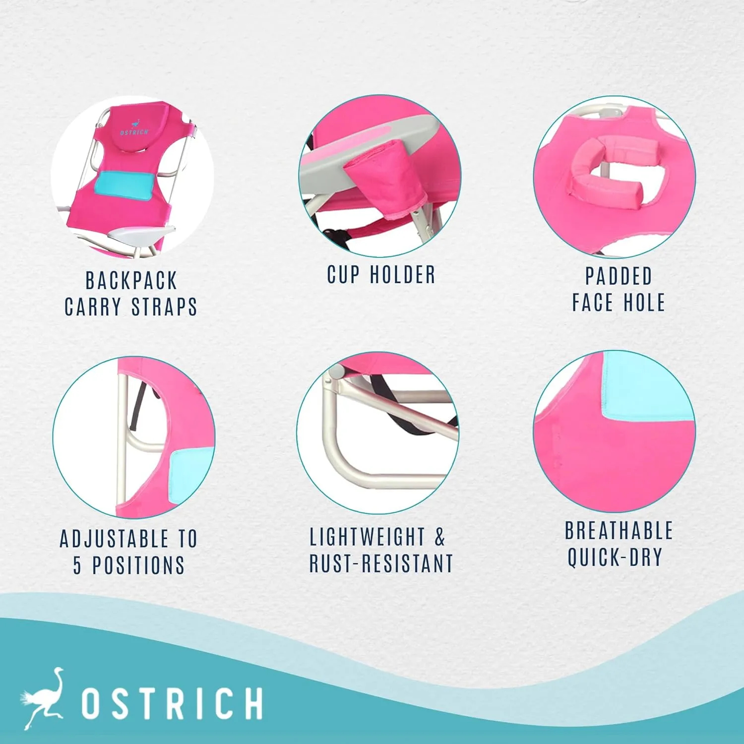 Ostrich Outdoor Beach Ladies Comfort On-Your-Back Adjustable & Portable Beach Chair with Backpack Straps and Cup Holder, Pink (2 Pack)