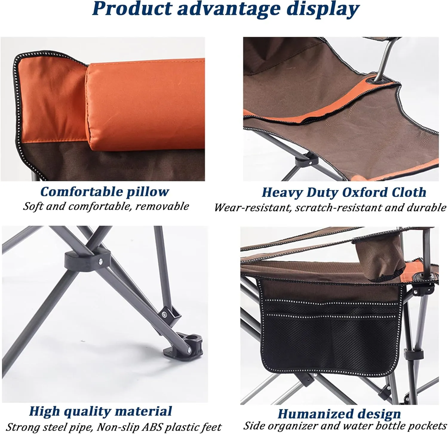 Outdoor Folding Chair Camping Chair Recliner Heavy Duty 600D Oxford Back Chair with Arm Rest Cup Holder and Storage Bag for Outside, Support 150kg