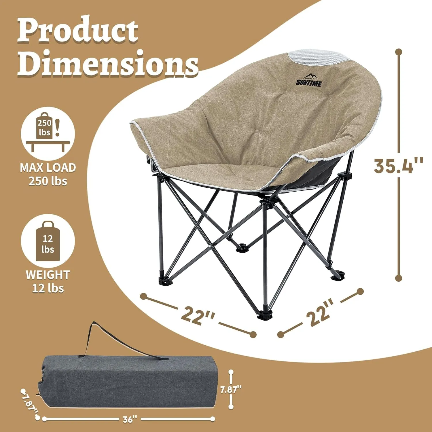 OUTDOOR LIVING SUNTIME Sofa Chair, Oversize Padded Moon Leisure Portable Stable Comfortable Folding Chair for Camping, Hiking, Carry Bag