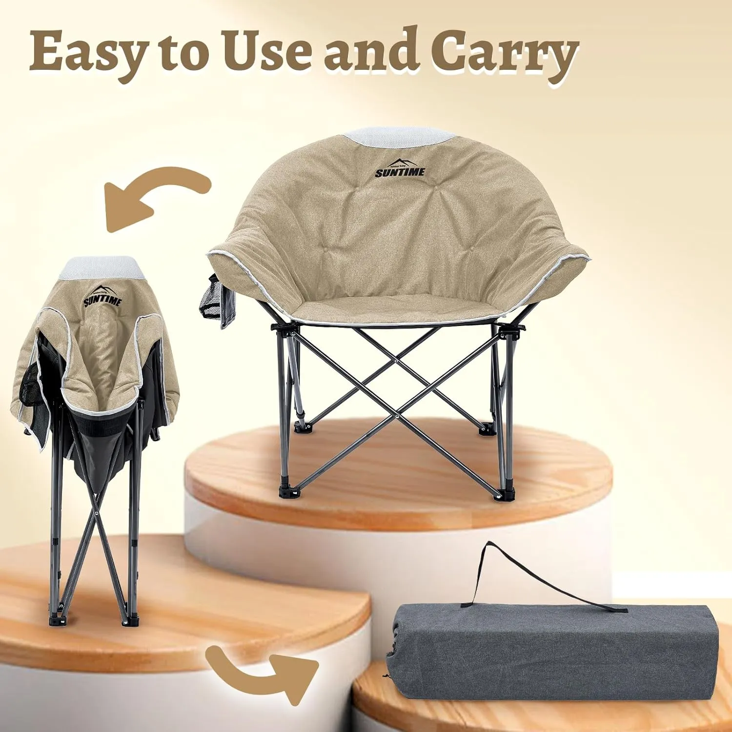 OUTDOOR LIVING SUNTIME Sofa Chair, Oversize Padded Moon Leisure Portable Stable Comfortable Folding Chair for Camping, Hiking, Carry Bag