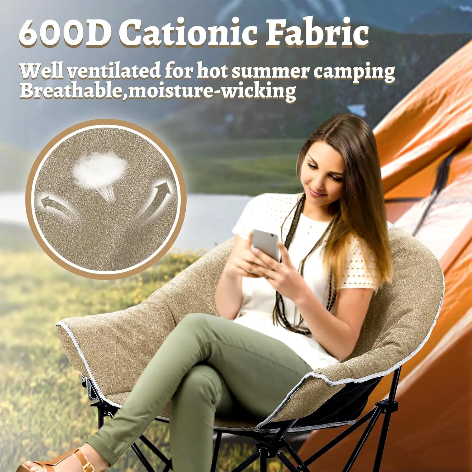 OUTDOOR LIVING SUNTIME Sofa Chair, Oversize Padded Moon Leisure Portable Stable Comfortable Folding Chair for Camping, Hiking, Carry Bag