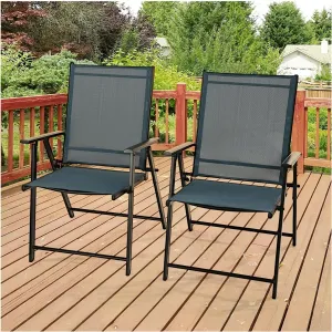 Outdoor Lounge Chairs Patio Folding Chairs Set of 2, with Rustproof Metal Frame, Portable Dining Chairs for Porch, Poolside, Deck, Lawn, Garden, Backyard, Camping (Dark Blue)
