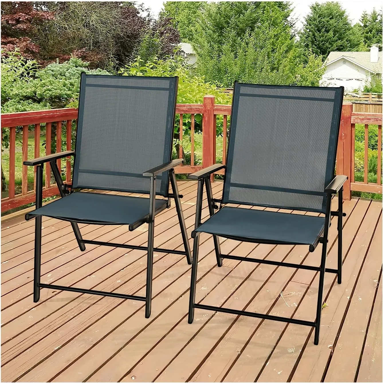 Outdoor Lounge Chairs Patio Folding Chairs Set of 2, with Rustproof Metal Frame, Portable Dining Chairs for Porch, Poolside, Deck, Lawn, Garden, Backyard, Camping (Dark Blue)