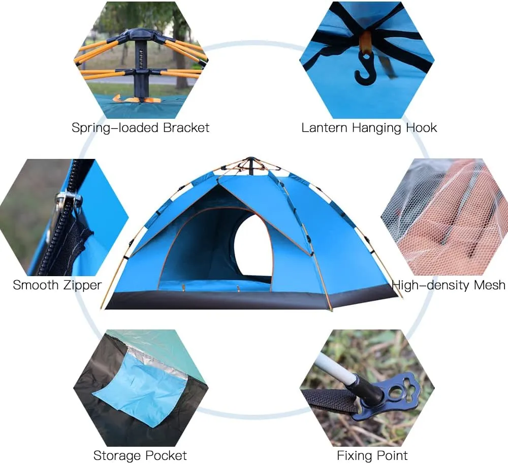 Outdoor Pop Up Tent Water-Resistant Portable Camping Tent for 1-2/3-4 People Family Tent (Blue for 3)
