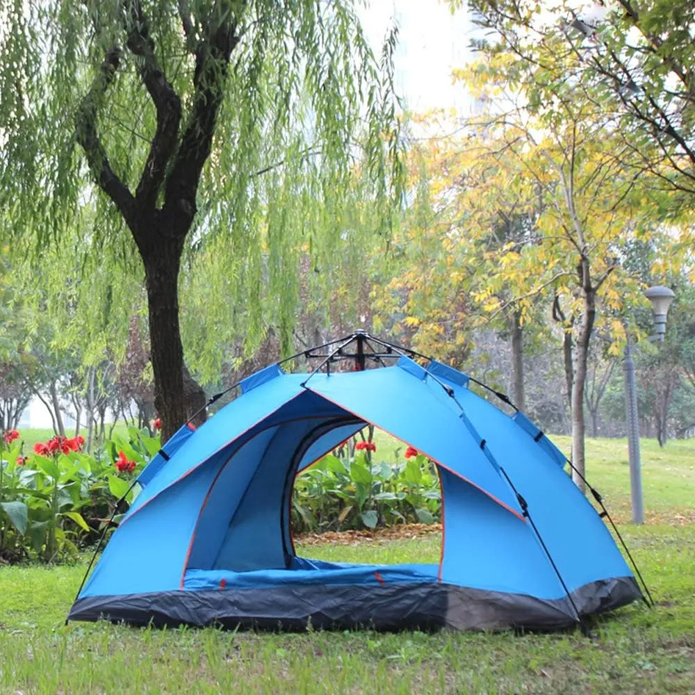 Outdoor Pop Up Tent Water-Resistant Portable Camping Tent for 1-2/3-4 People Family Tent (Blue for 3)