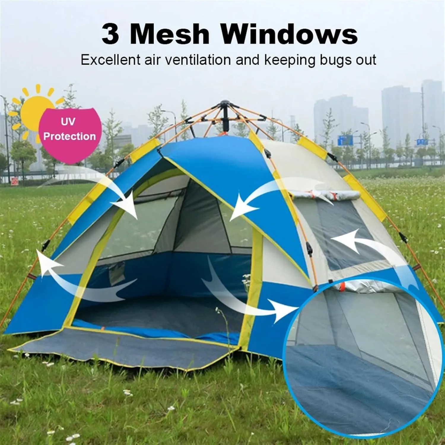 Outdoor Pop Up Tent Water-Resistant Portable Instant Automatic Camping Tent Compatible with 2-3/3-4 Person Family Tent Camping Hiking (Blue for 3 4)