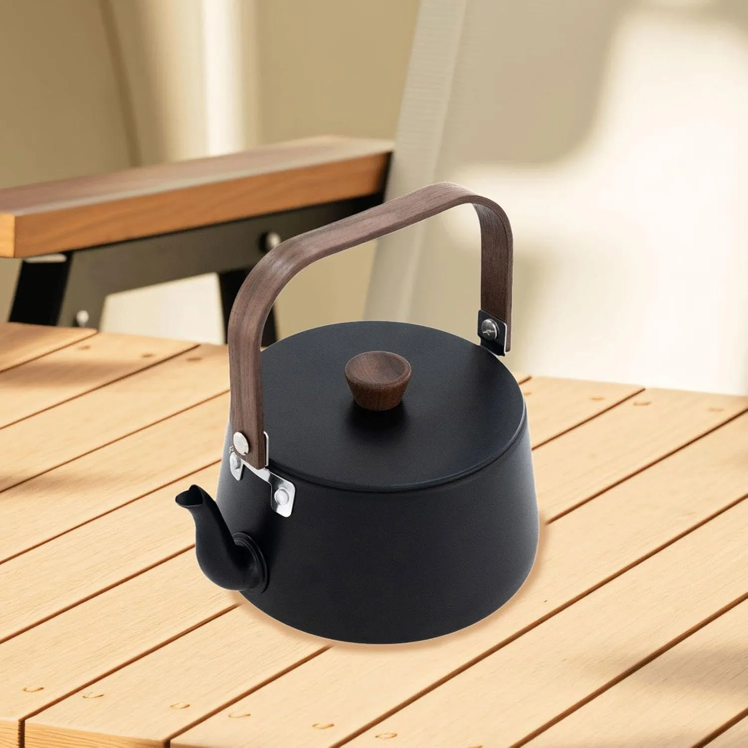 Outdoor Tea Kettle Pitcher with Wood Handle Easy to Carry Compact Aluminum Alloy Teapot Water Jug for Hiking Picnic Backpacker