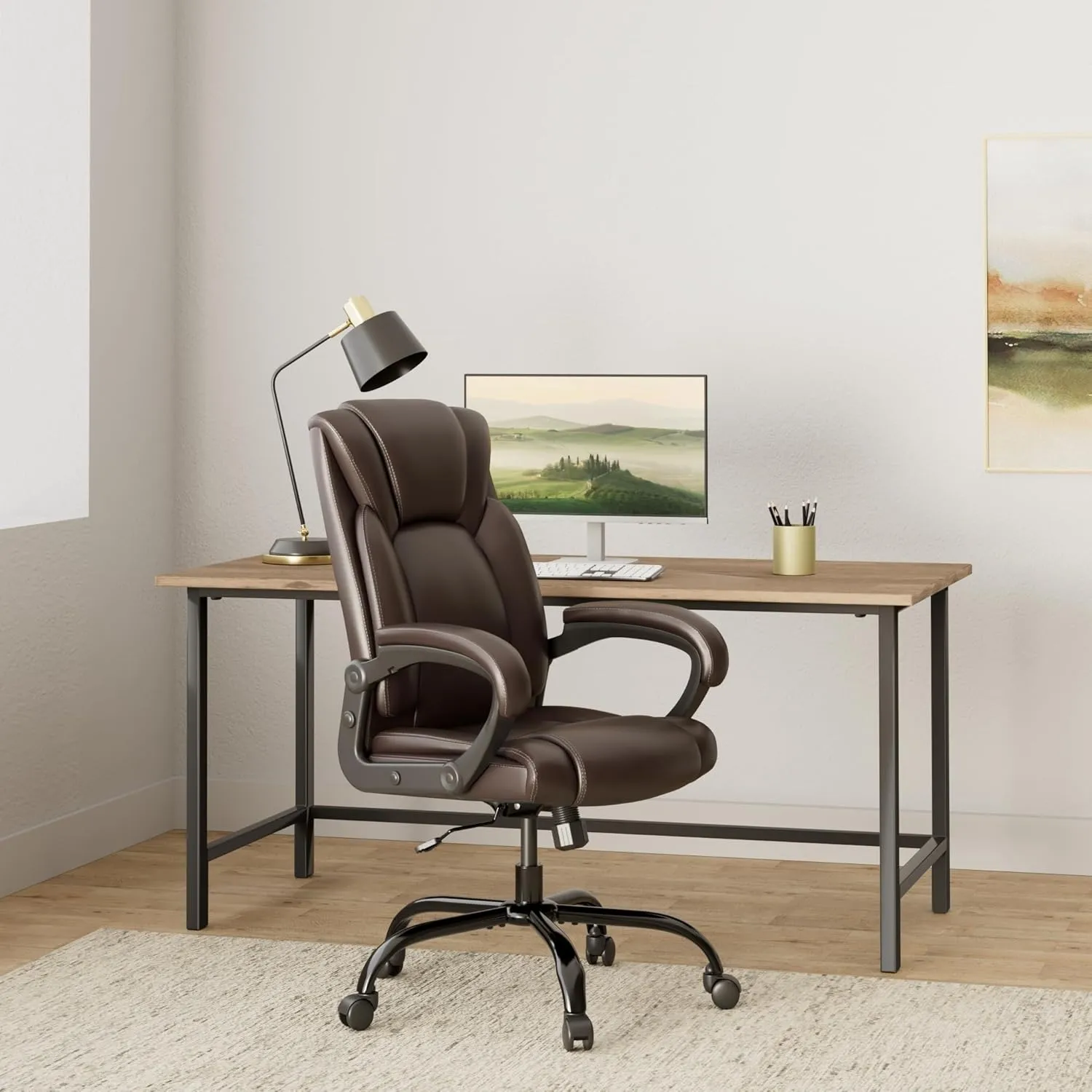 OUTFINE Office Chair Executive Office Chair Desk Chair Computer Chair with 5-Year hydrolysis-Resistant Leather Spring Cushion Ergonomic Support Tilting Function Upholstered in Bonded Leather (Brown)