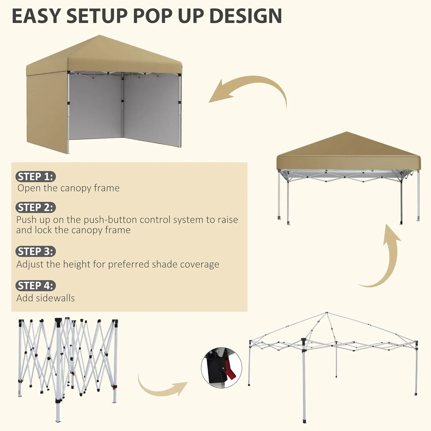 Outsunny 10' x 10' Pop Up Canopy Tent with 3 Sidewalls, Leg Weight Bags and Carry Bag, Height Adjustable, Instant Party Tent Event Shelter Gazebo for Garden, Patio, Beige